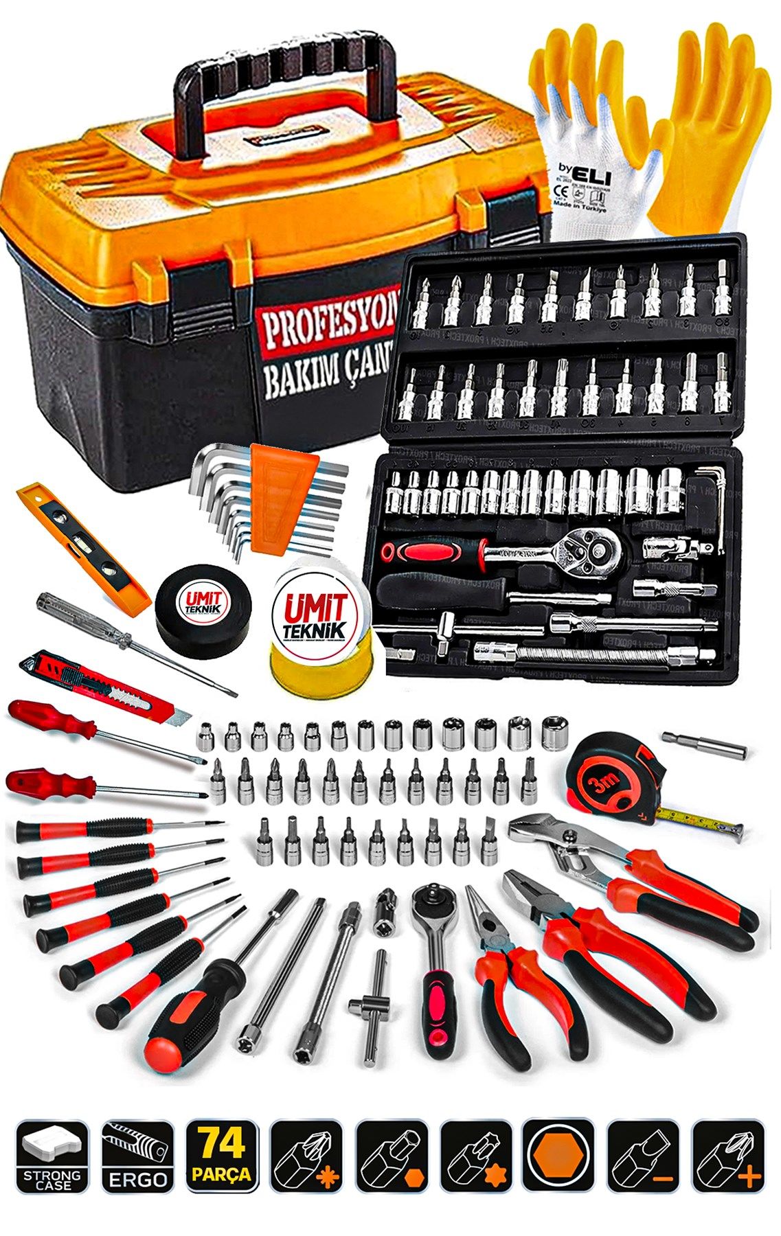 Premium Serisi 74 Pcs Full Takım 46Lokma Set PenseYankeski,Tornavida Set,3 Metre Combo Seti Takım