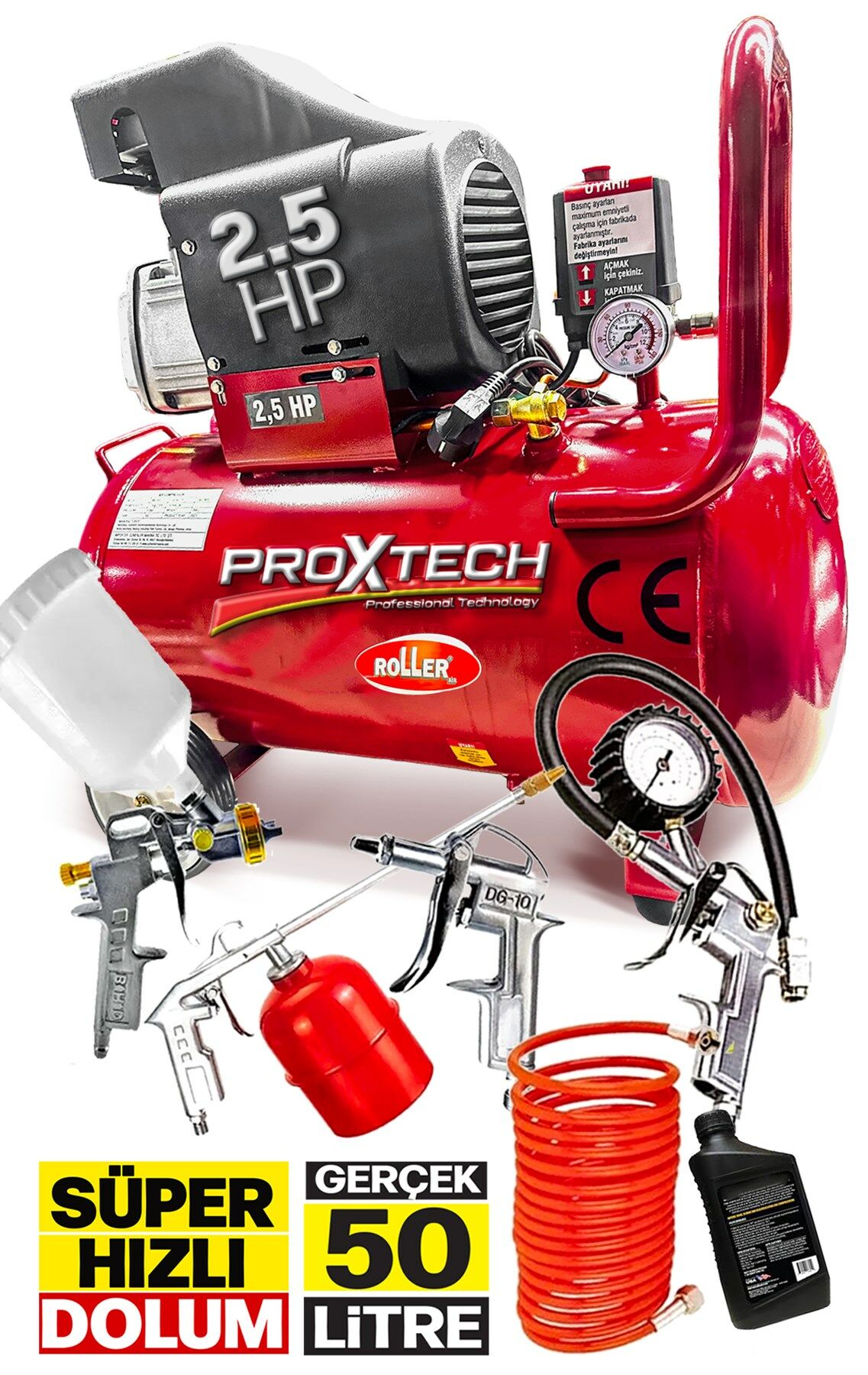Süper Hızlı Dolum Roller 2.5HP Gerçek 50LT Bakır Sargı Motor Hava Kompresörü Havalı Combo Set