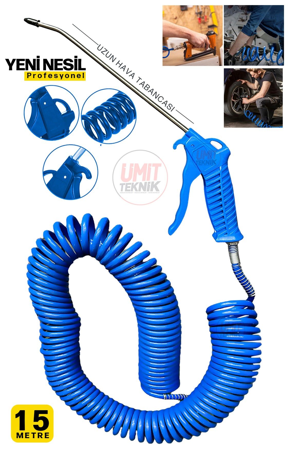 15 Metre  Uzun Hava Tabancası Yeni Nesil  Spiral Hava Hortumu Kompresör Hava Tabancası Set-15 METRE