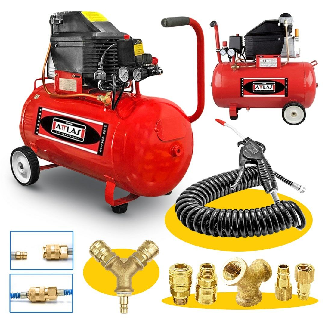 Atlas 50 Litre Hava Kompresörü 2Hp 8Bar 15mt Spiral Hortum HavaTabancası- Jakları Full- Fırsat Paket