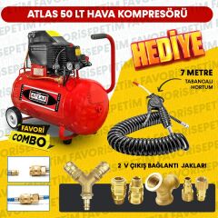 Atlas 50 Litre Hava Kompresörü 2Hp 8Bar 15mt Spiral Hortum HavaTabancası- Jakları Full- Fırsat Paket