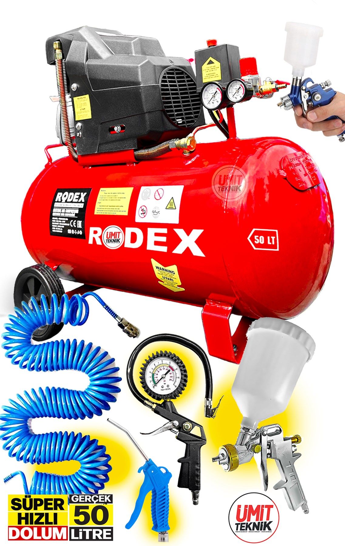 En Çok Tercih Edilen Bakır Sargıı 50litre 2Hp 8Bar hava Kompresörü Yüksek Kalite 6 Parça Havalı Set