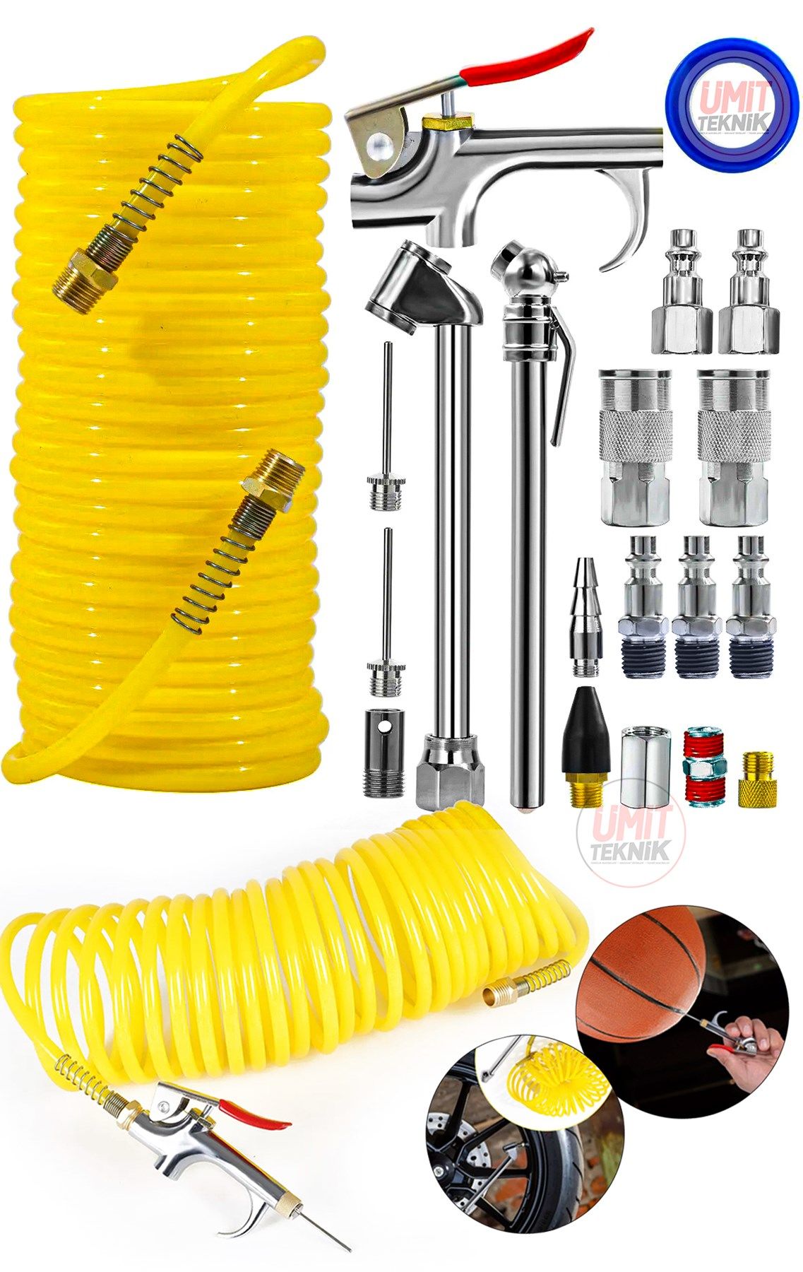 Çok Fonksiyonlu Paslanmaz 20 Parça Hızlı Bağlantı Top Şişirme Üfleme Tabancası  Kompresör Seti,