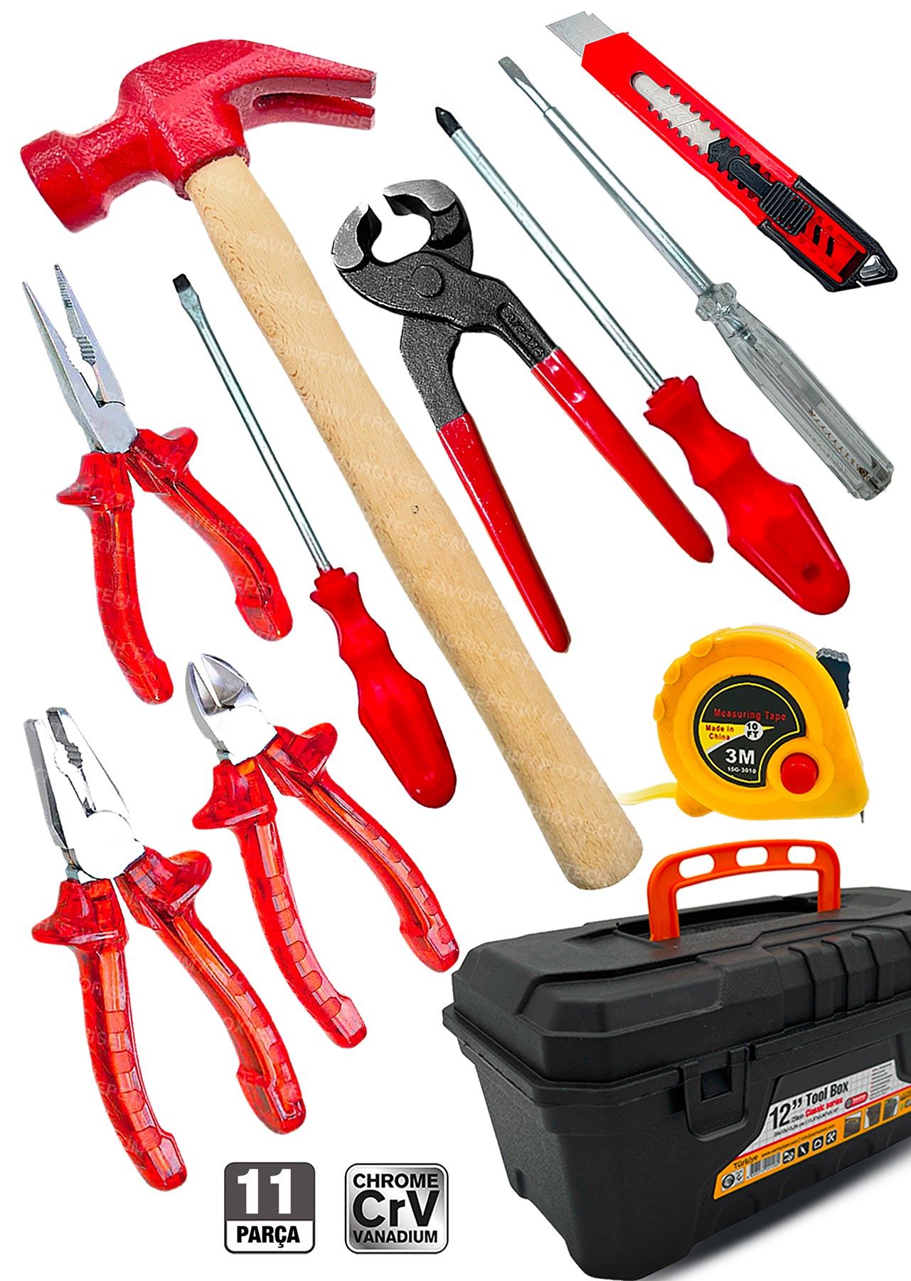 11 PCS Full Takım El Aleti Kiti Pense Kombin,3 Metre,Çekiç,Yıldız,Düz,Kerpeten Tamir Kiti