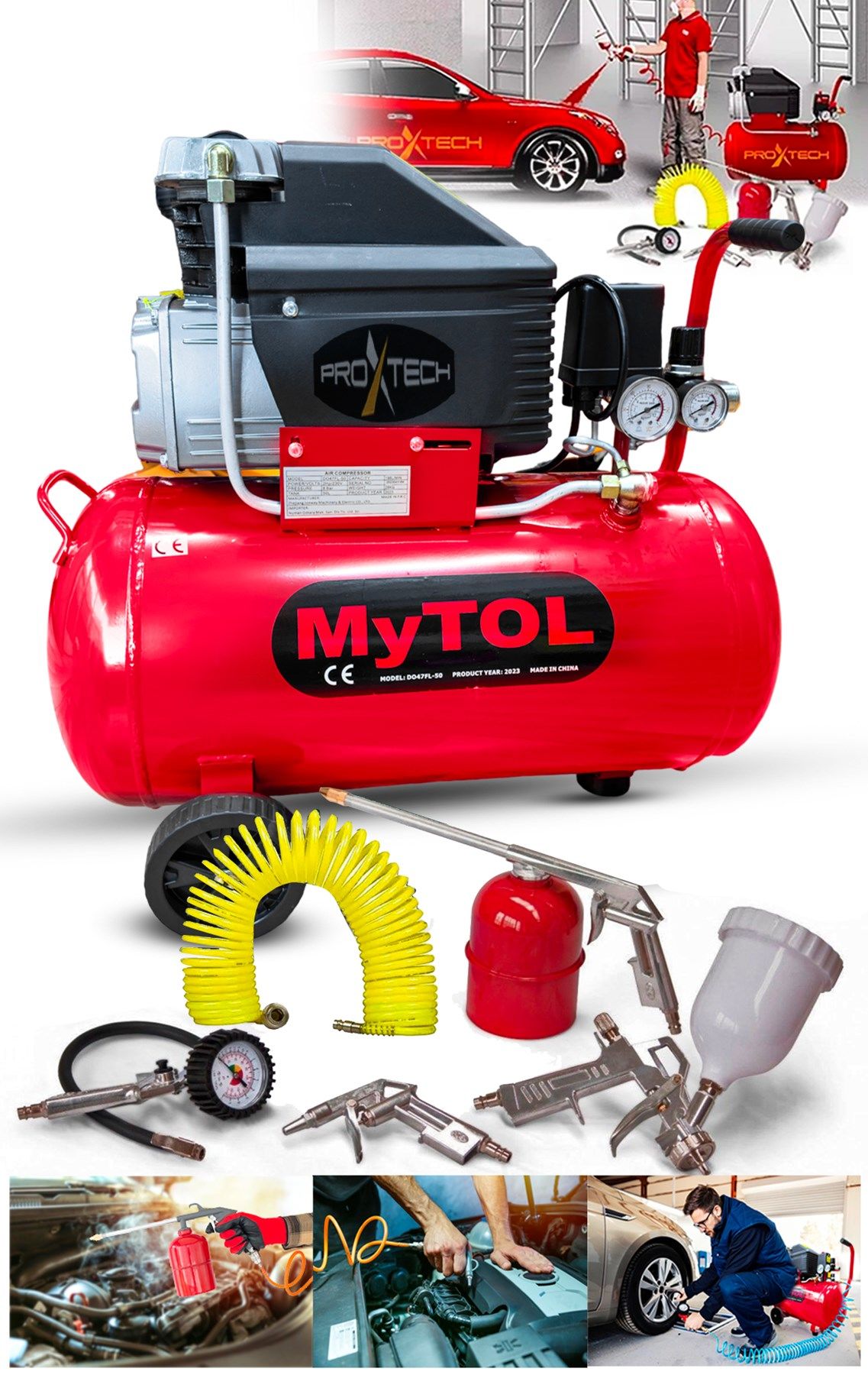 Full Paket En Çok Tercih Edilen 2HP 50 LtHava Kompresörü Boya,Lastik,Mazot Temizleme 5PCS Havalı Set