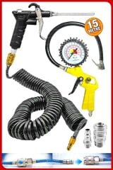 Havalı Kompresör Saatli Lastik Şişirme, 15 mt Spiral Hortumu,Hava Tabancası  Hava Recor Paket Set