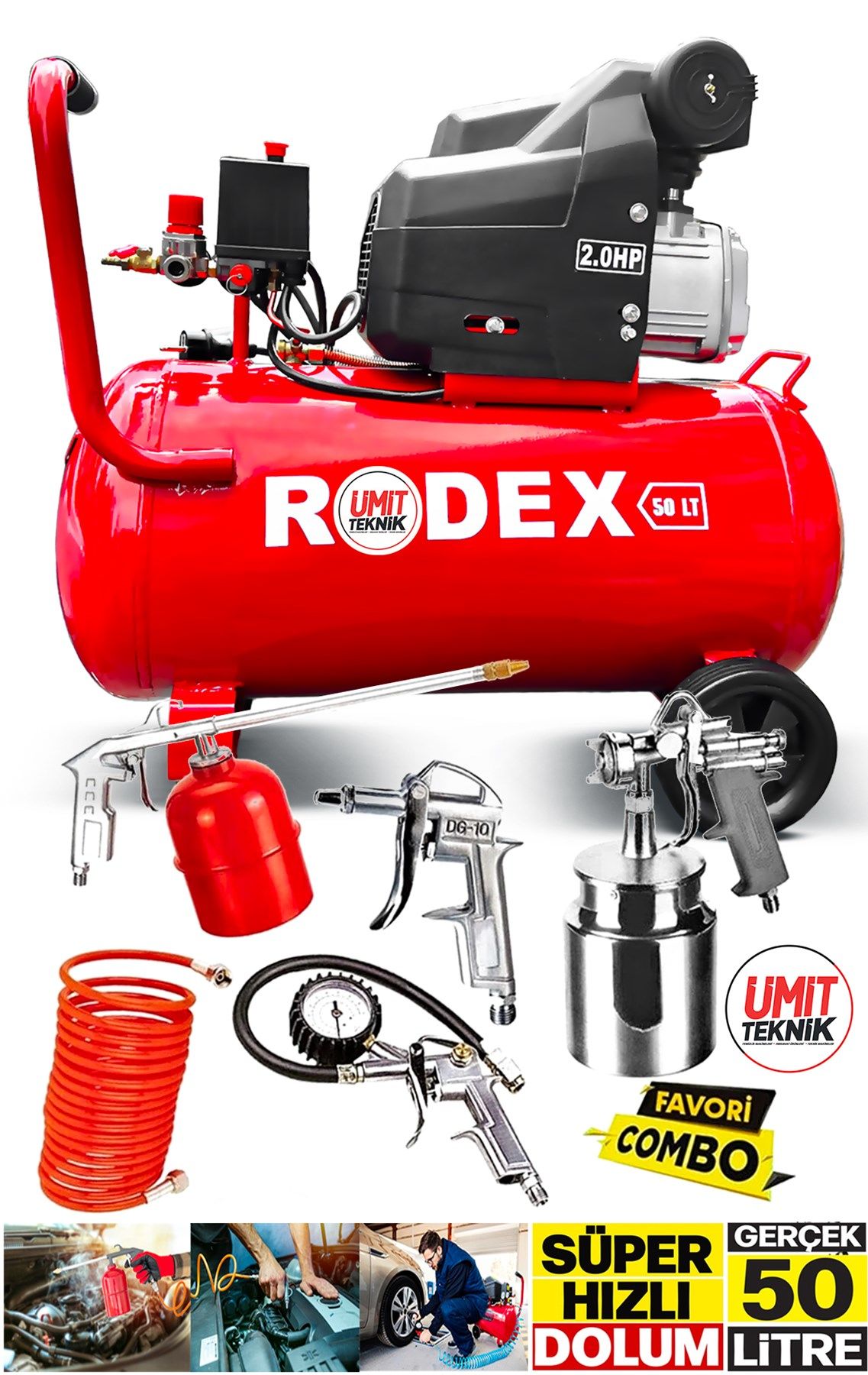 Süper Hızlı 2HP 50Lt Full Paket Hava Kompresörü Boya,Lastik ŞişirmeTemizleme 5PCS Havalı Kit