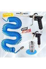 PROXTECH Kompresör Spiral Hava Hortumu 8 mm 15 mt Hava Jakı  Hava Tabancası Recor 3 PCS Seti