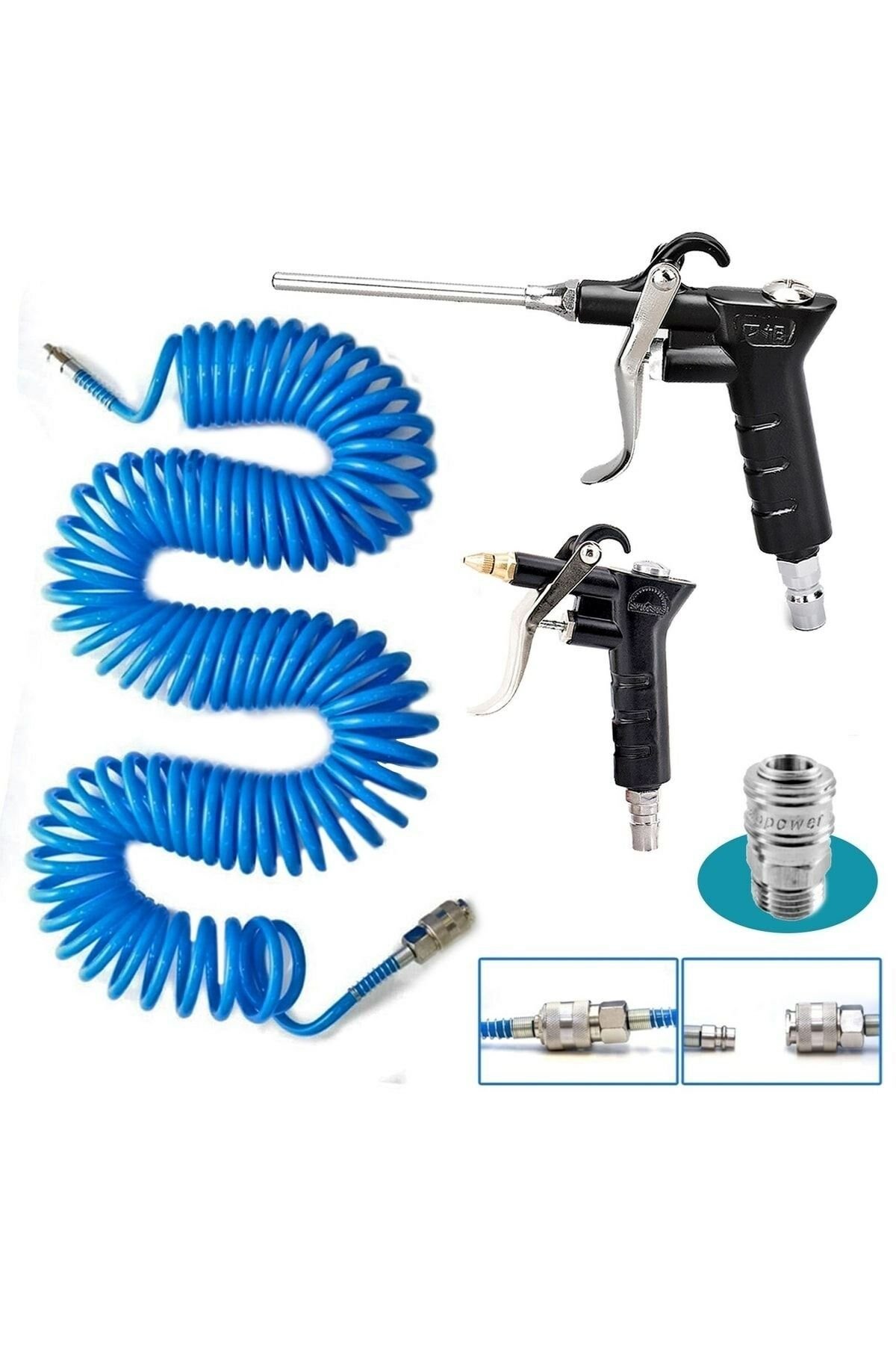 PROXTECH Kompresör Spiral Hava Hortumu 8 mm 15 mt Hava Jakı  Hava Tabancası Recor 3 PCS Seti