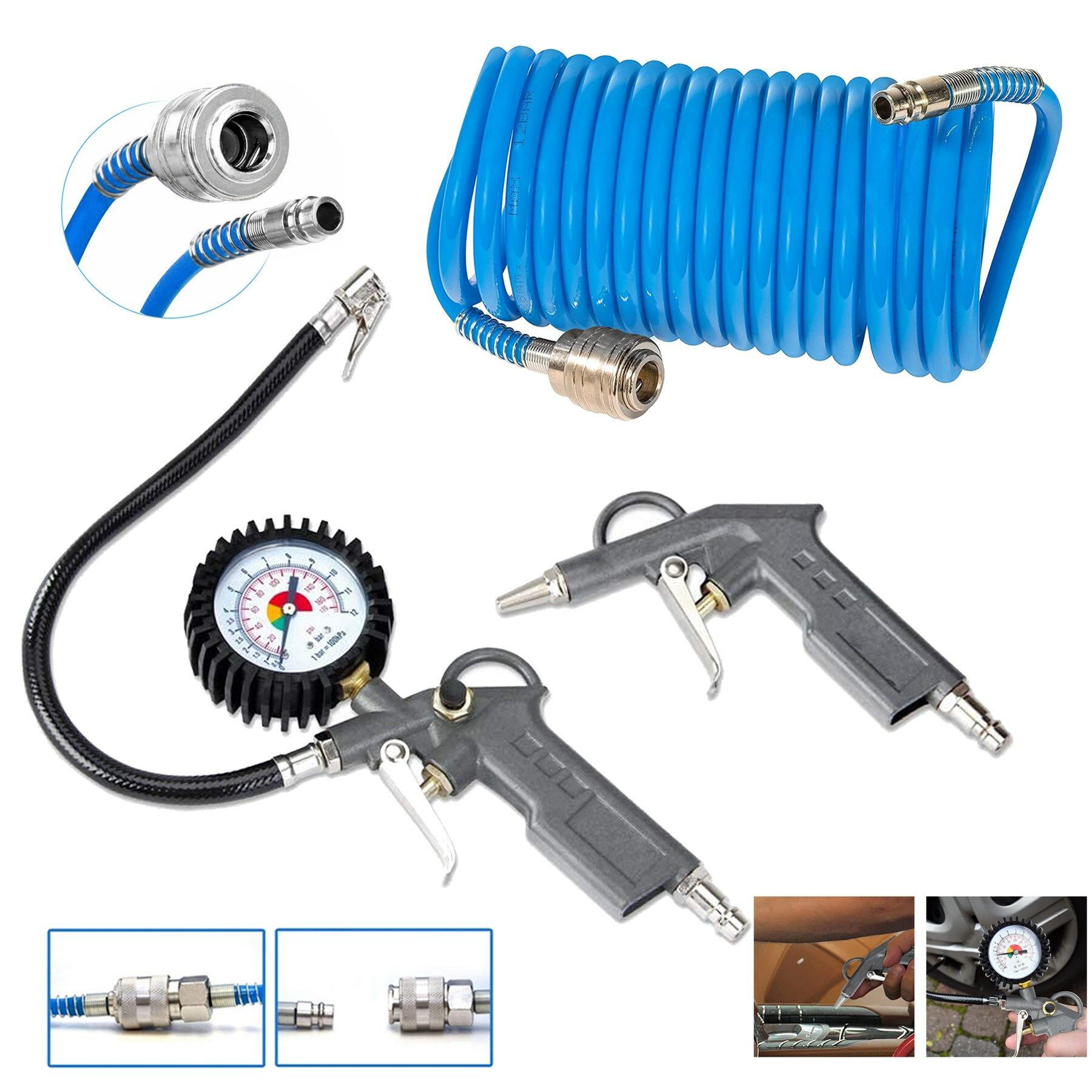 PROXTECH  Kompresör Saatli Lastik Şişirme, 15 mt Spiral Hortumu,Hava Tabancası  Hava Recor Paket Set