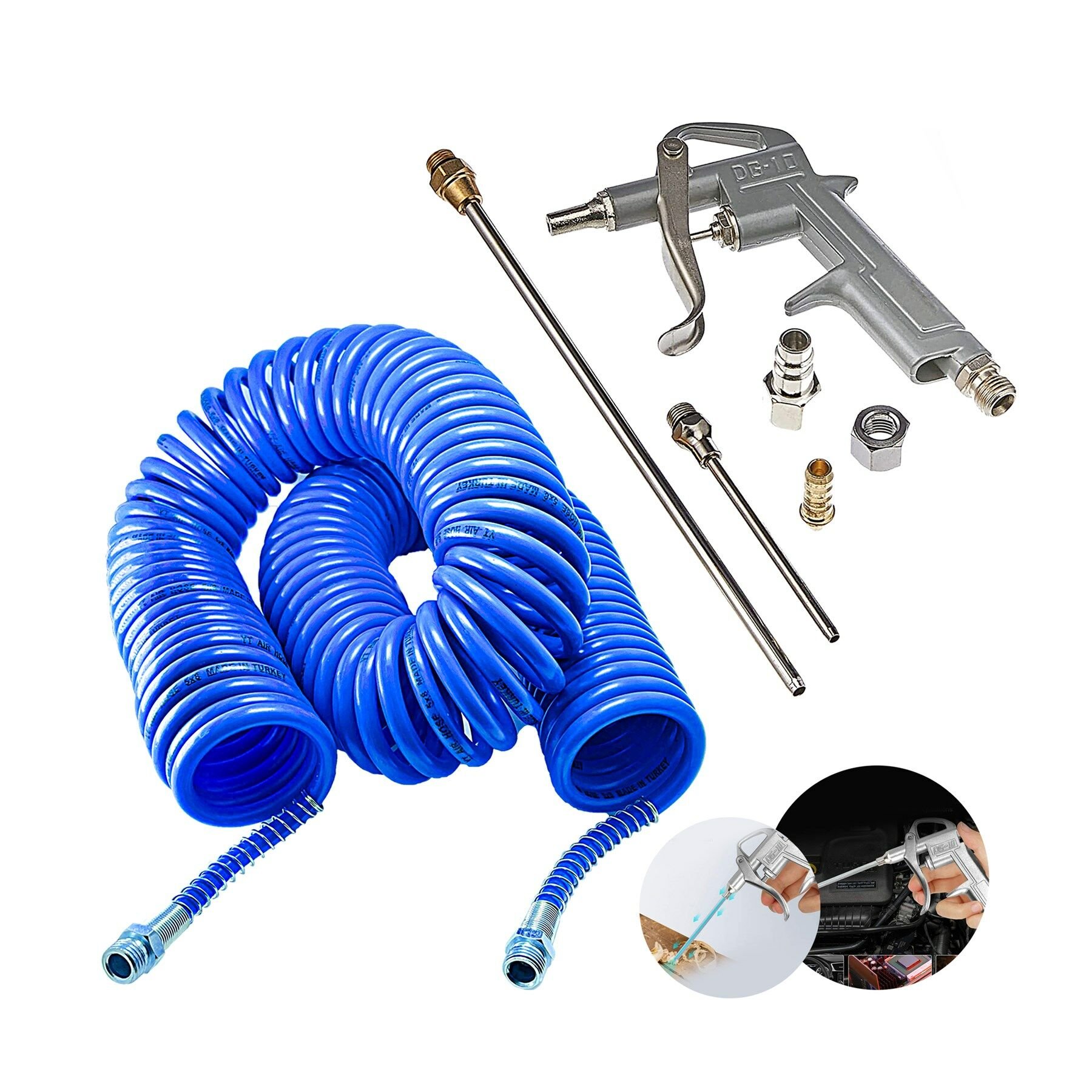 PROXTECH Çok Fonksiyonlu Kompresör Spiral Hava Hortumu 15 mt Hava Tabanca Seti.