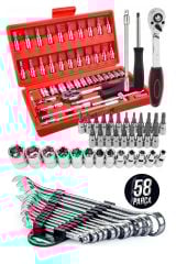 PRO 58 Parça Lokma Takımı Otomatik Cırcırlı 1/4'' 12 Parça Kombine Açık Ağız-yıldız Anahtar Takım