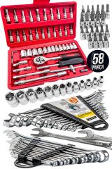 PRO 58 Parça Lokma Takımı Otomatik Cırcırlı 1/4'' 12 Parça Kombine Açık Ağız-yıldız Anahtar Takım