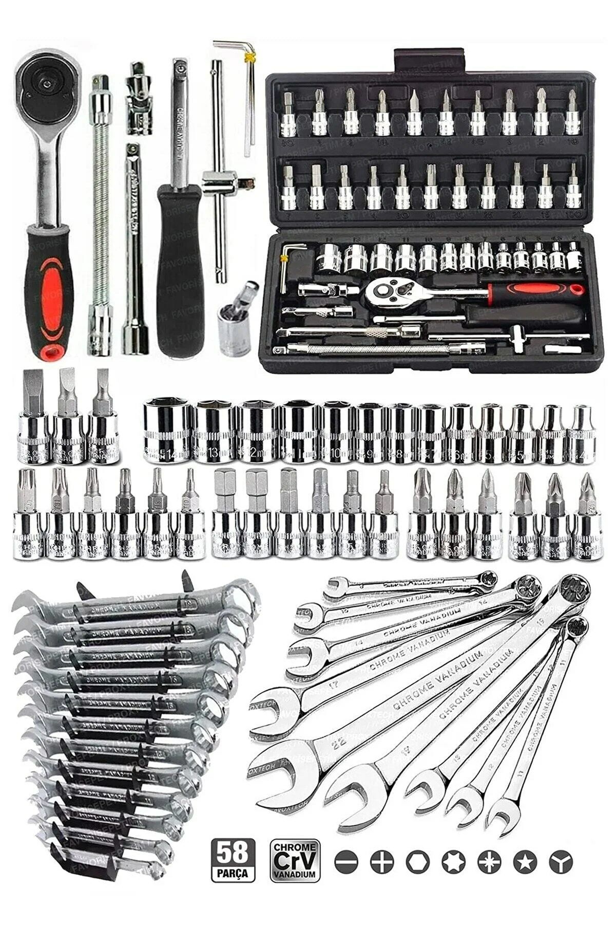 58 Parça 46Mini Lokma Takımı Otomatik Cırcırlı 1/4'' 12 Parça Kombine Açık Ağız-yıldız Anahtar Takım