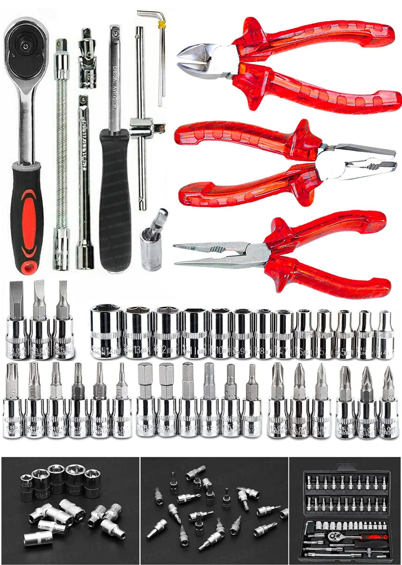 49 Parça Mini Lokma Takımı Otomatik Cırcırlı 1/4''  Pense Kargaburun Yankeski Kombinasyon Alet Seti