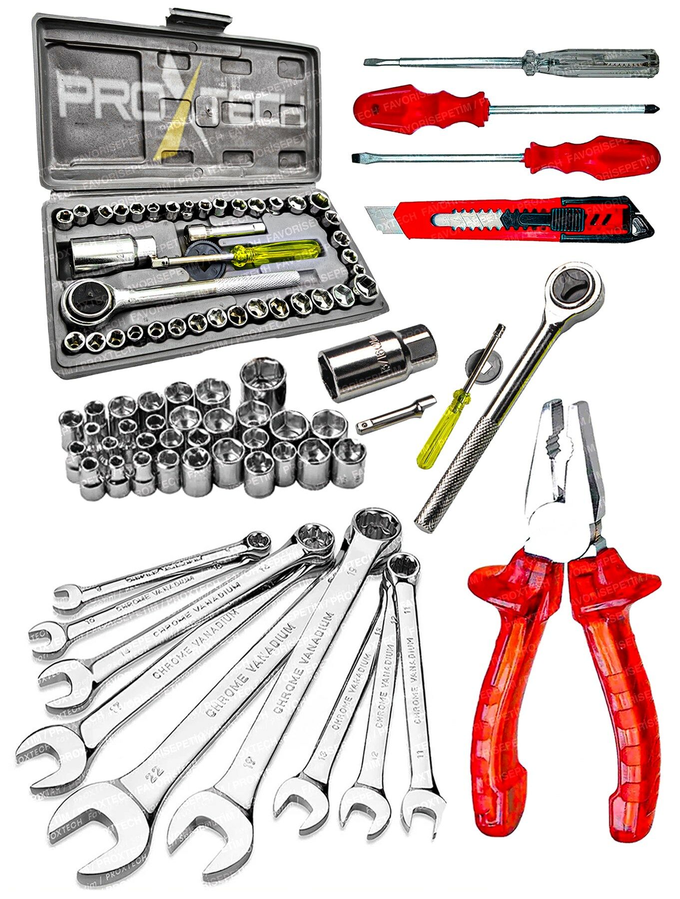57 Parça Krom Çelik 40 Parça Cırcırlı Lokma 12 Kombin Anahtar Pense,Tornavida Kontrol Kalemi Ful set
