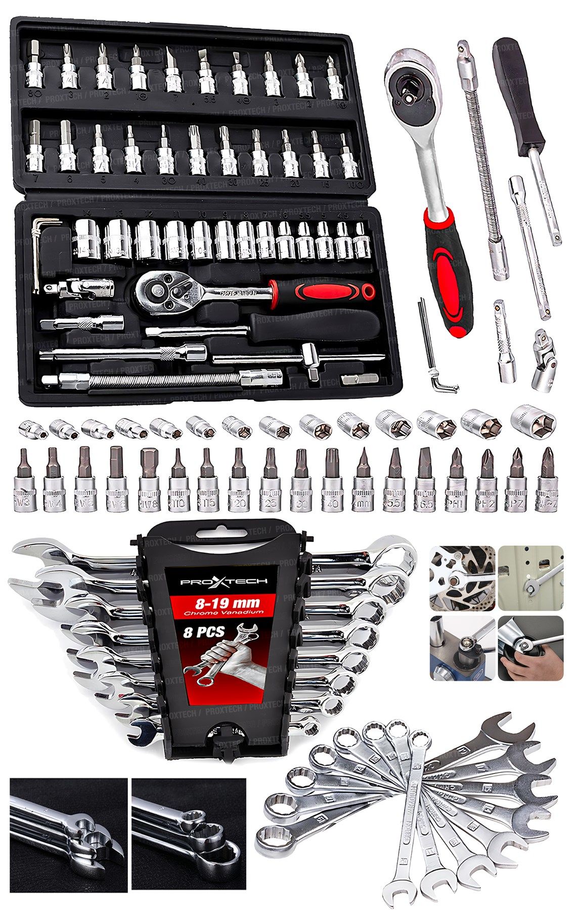 54 Parça 46Mini Lokma Takımı Otomatik Cırcırlı 1/4'' 8 Parça Kombine Açık Ağız-yıldız Anahtar Takım