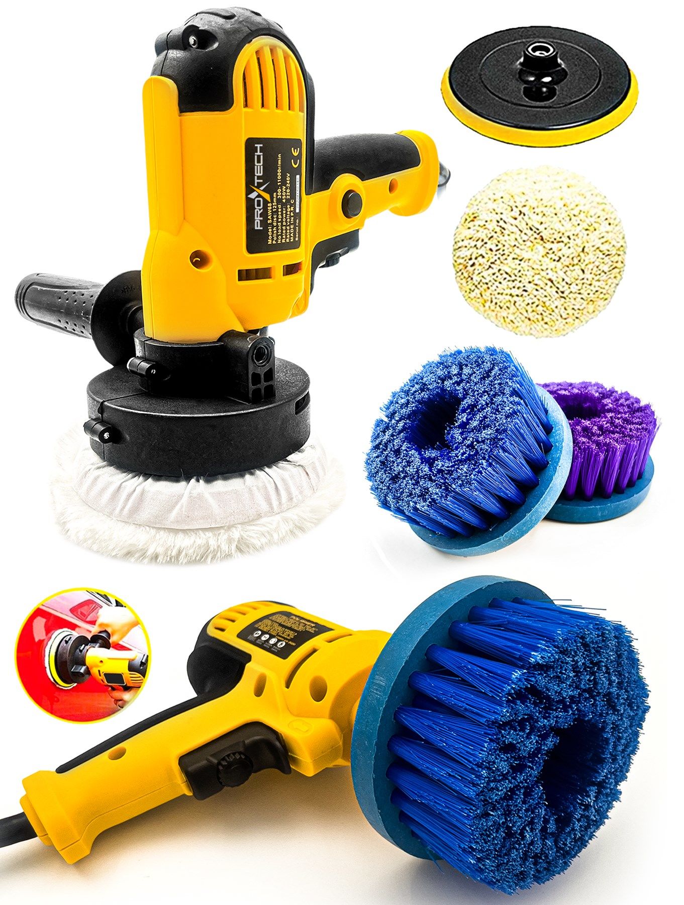 Araç, KoltukYıkama 6Kademe Devir Ayarlı Zımpara Parlatma Pasta Cila Polisaj Makinası + Fırça Hediye