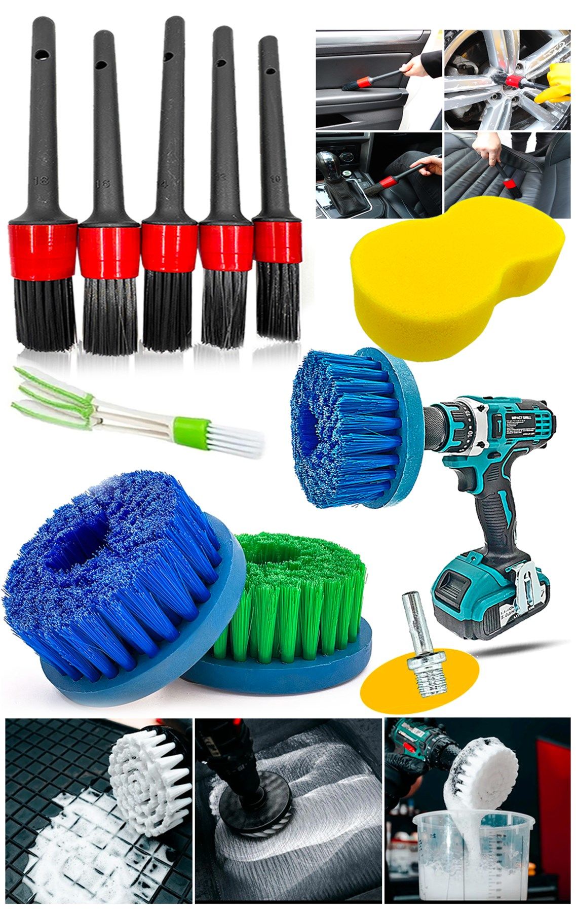 9 Parça  Oto Araba Temizleme Kuaför İç-Dış Detaylı Temizlik Bakım Koltuk Fırçalama Set PROXCLEAN9