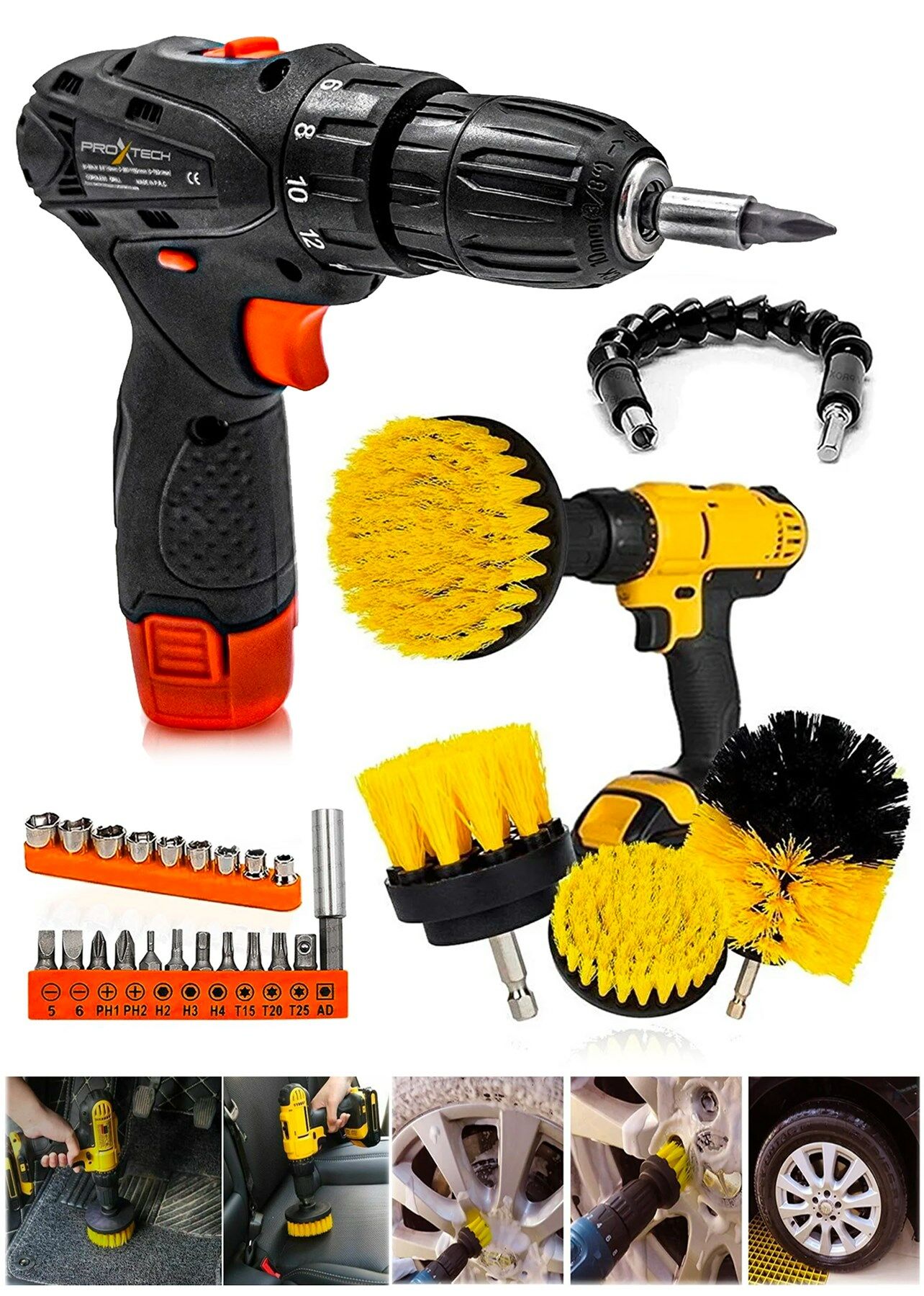 Premium Motor  Akülü Vidalama Şarjlı 27 Parça Geliştirilmiş Matkap Polisaj 3 Fırça Temizlik Kit Set