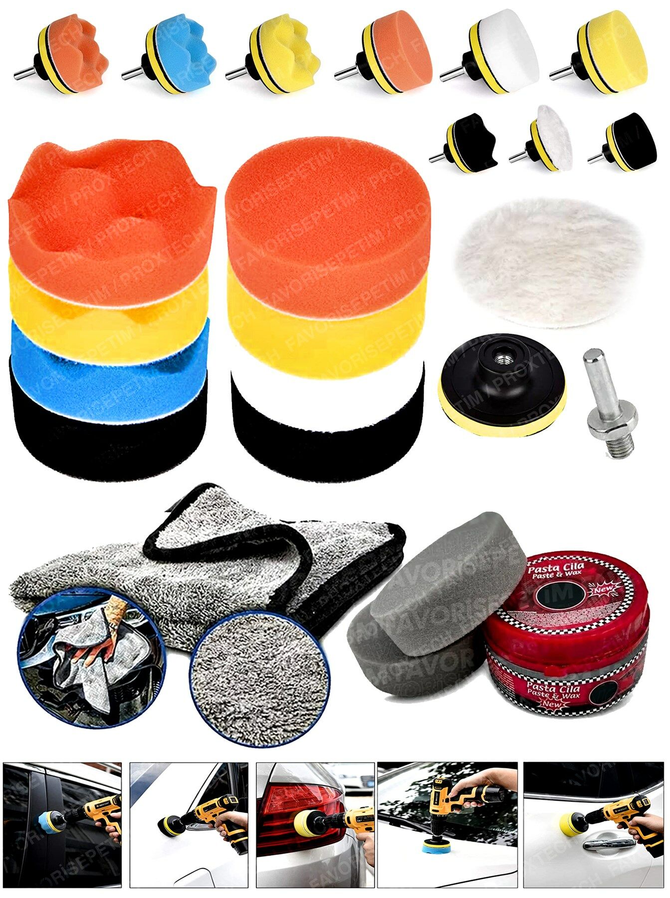 Pro15Pcs 115mm Pasta Cila Polisaj Süngeri,Fırça MikrofiberBez,Pastacila Sünger Matkap Parlatma Seti