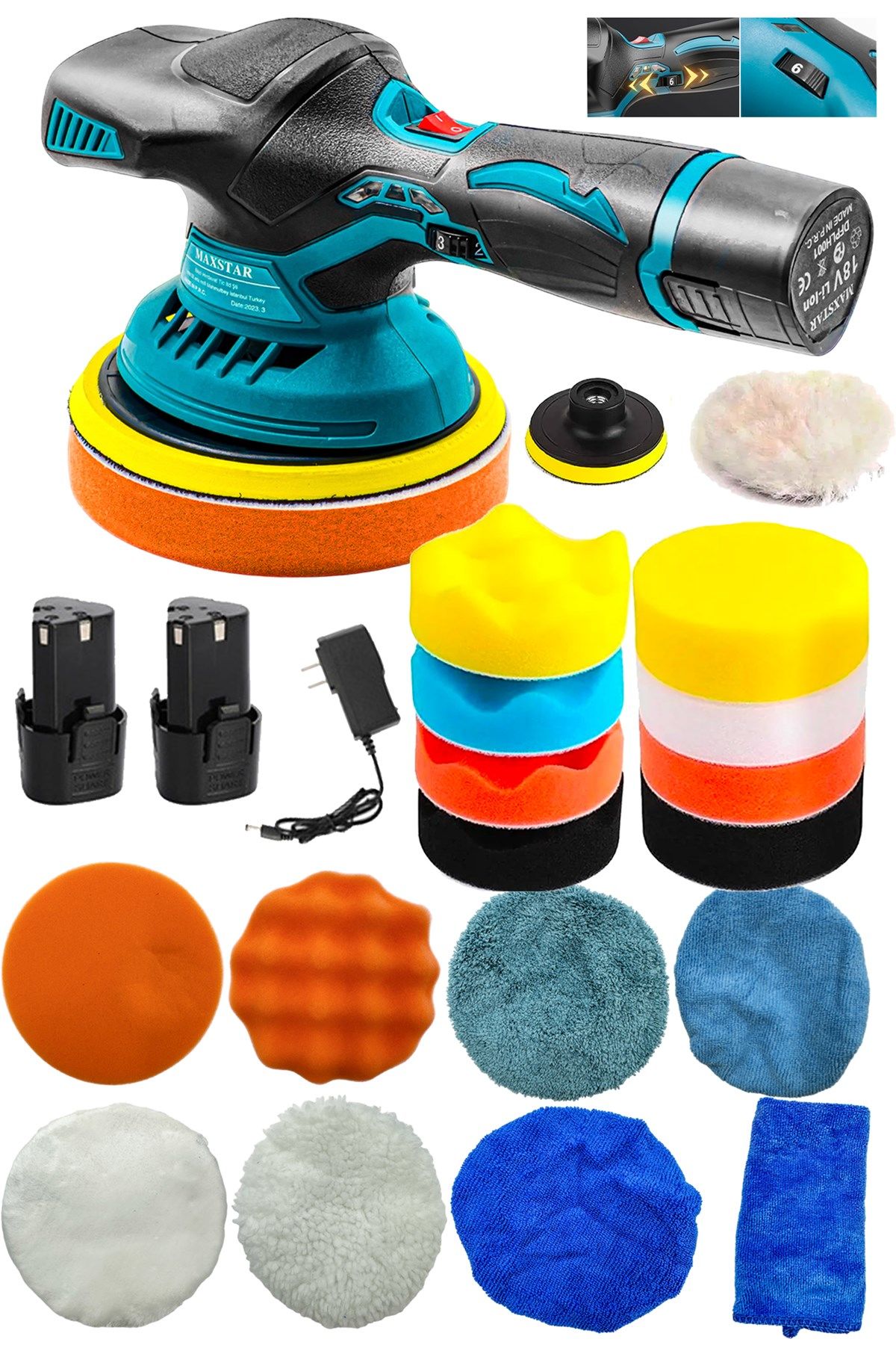 Orbital Kablosuz Akülü Lityum 2x Batarya 6 Devir Ayarlı  Detay Pasta Cila Polisaj Makinesi Ful Takım