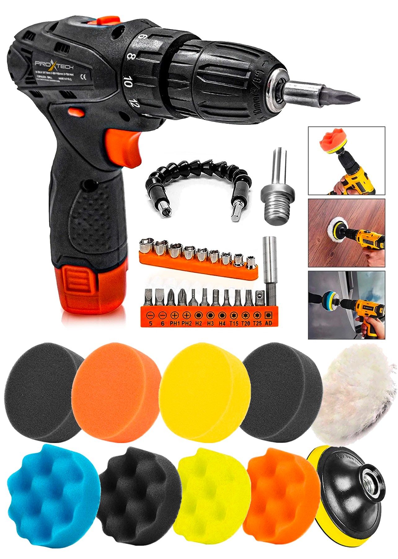 Premium 35 Parça Geliştirilmiş Motor Lityum Akülü  Vidalama Şarjlı Matkap Polisaj  Temizlik Kit