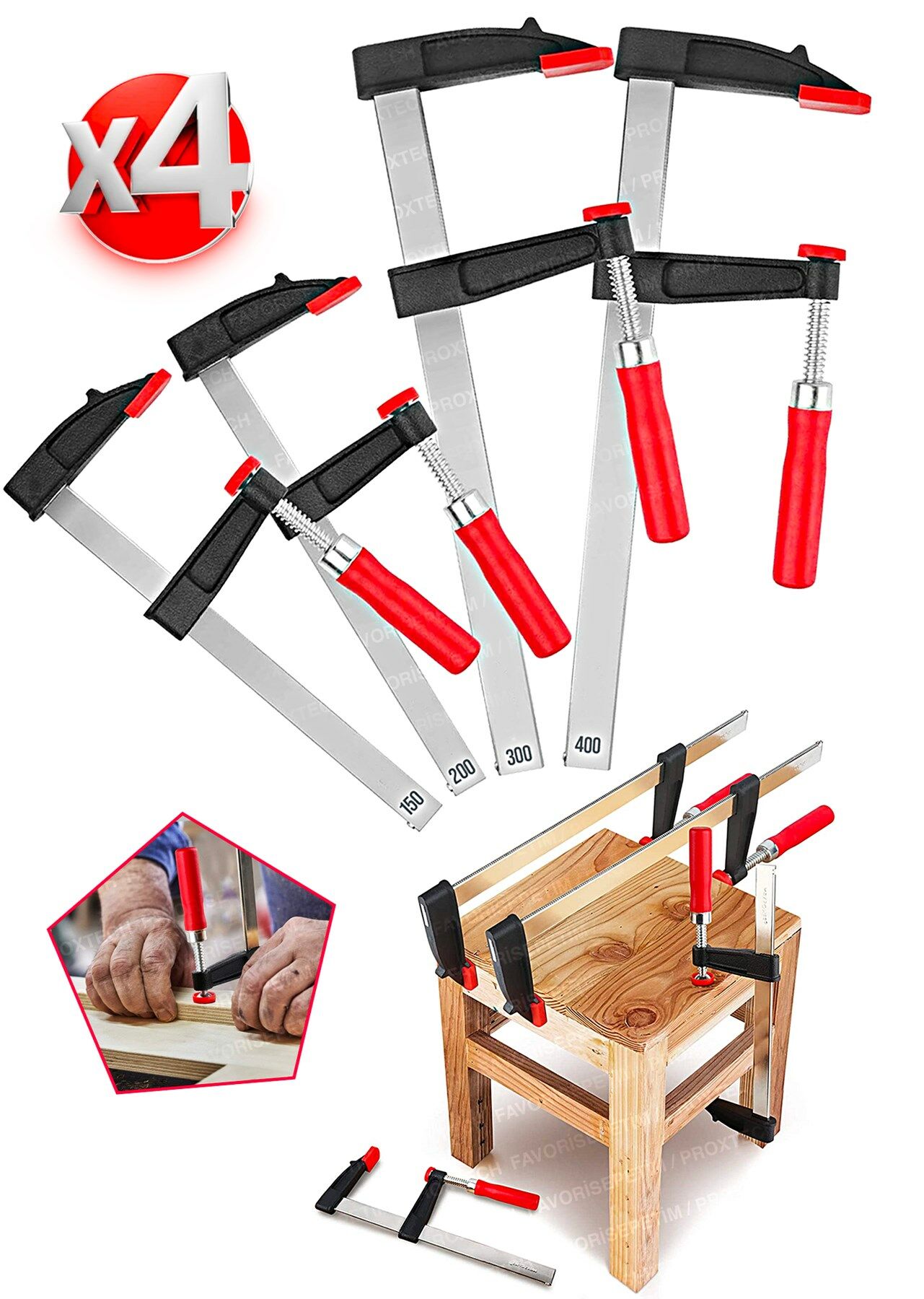 Premium Kalite 400,300,200,150mm F Tipi Ahşap Çelik Mobilyacı Mengene Kıskaç Işkence 4 Set