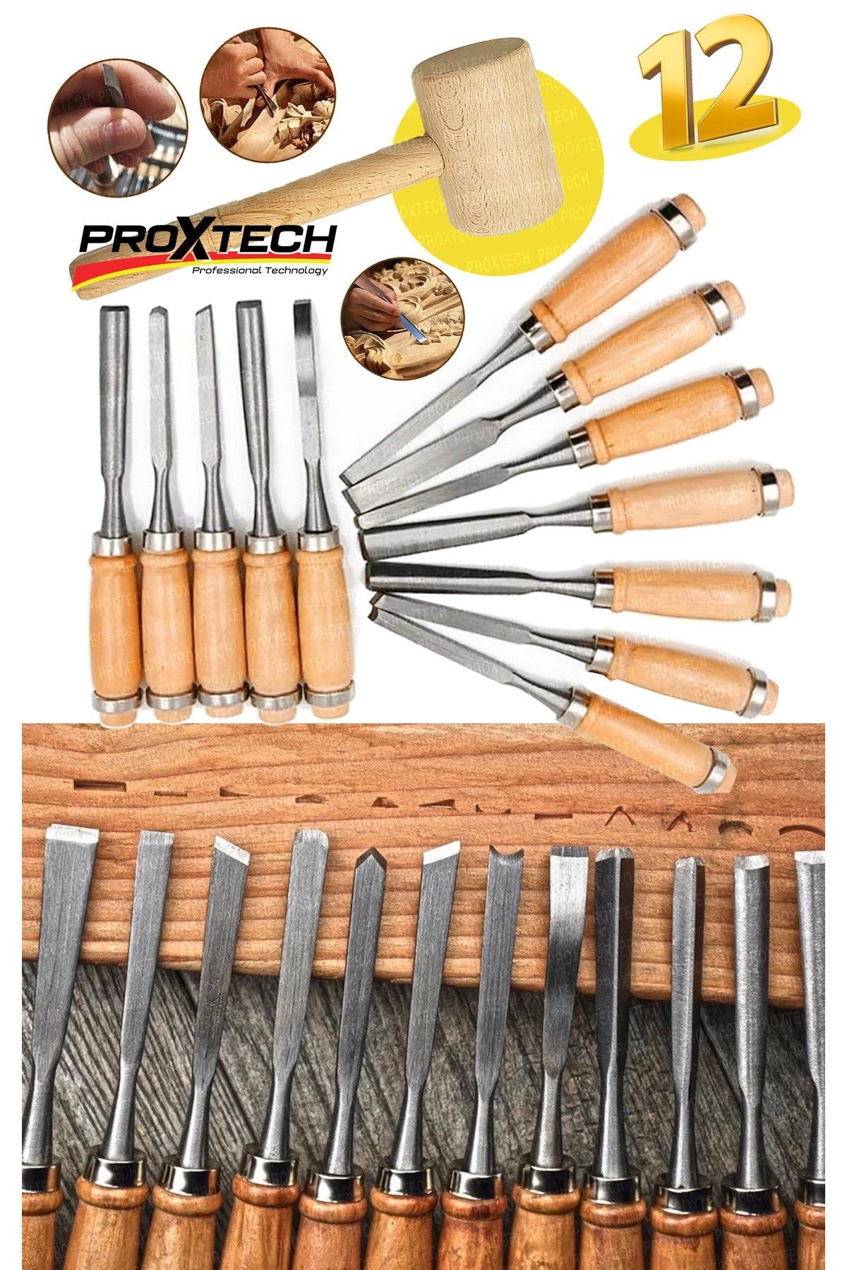 13Parça Profesyonel Ahşap Oyma Kesme İskarpelalar Oyma Keski Paket + Tokmak