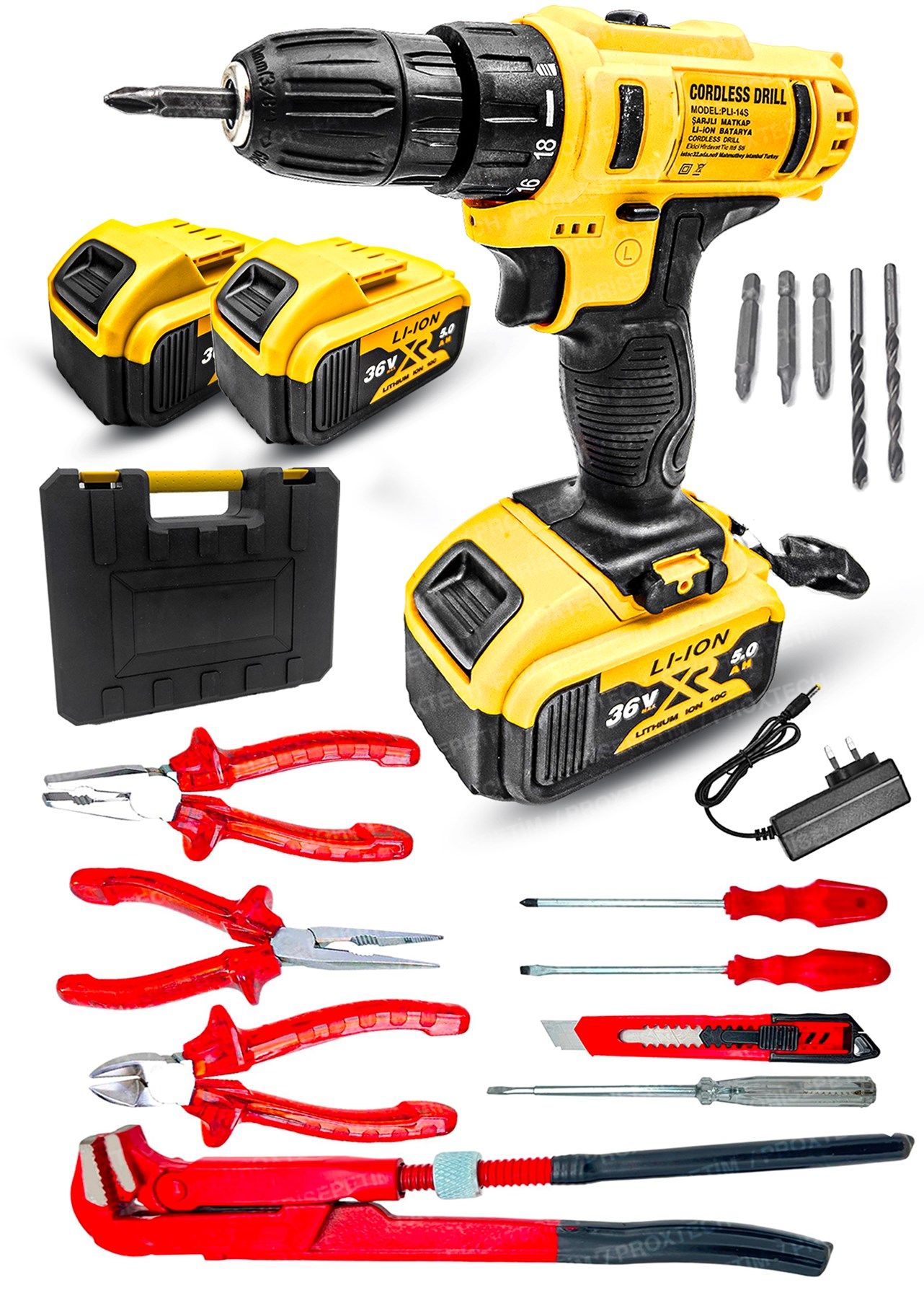 Full Takım Maşalı,Pense, Yankeski ,Kargaburun, Çift Akülü Turbo 36V Akülü Vidalama Matkap Ful Set