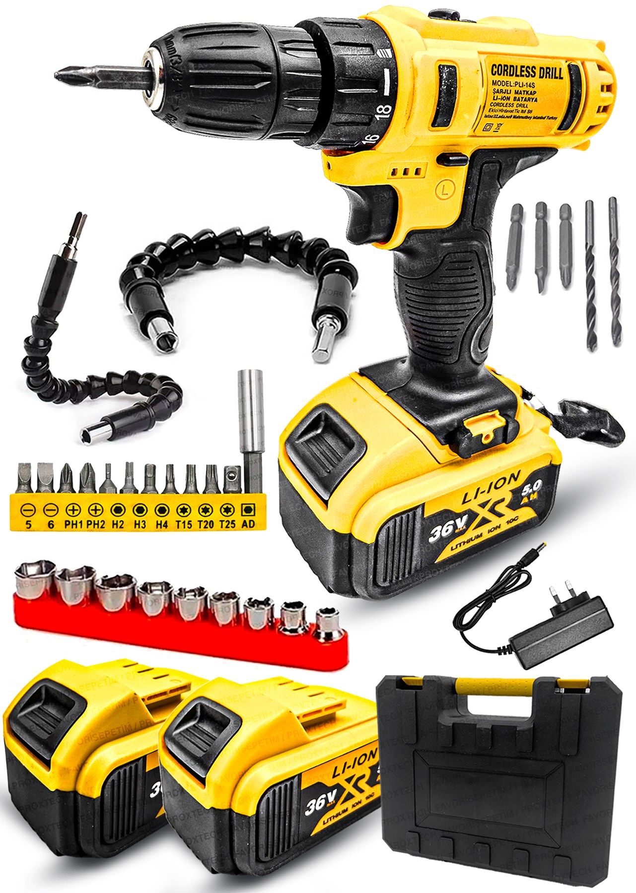 Profesyonel 27 Parça  Çift Akülü Turbo 36V Tork Güçlendirilmiş Akülü Vidalama Matkap Vidalama Set