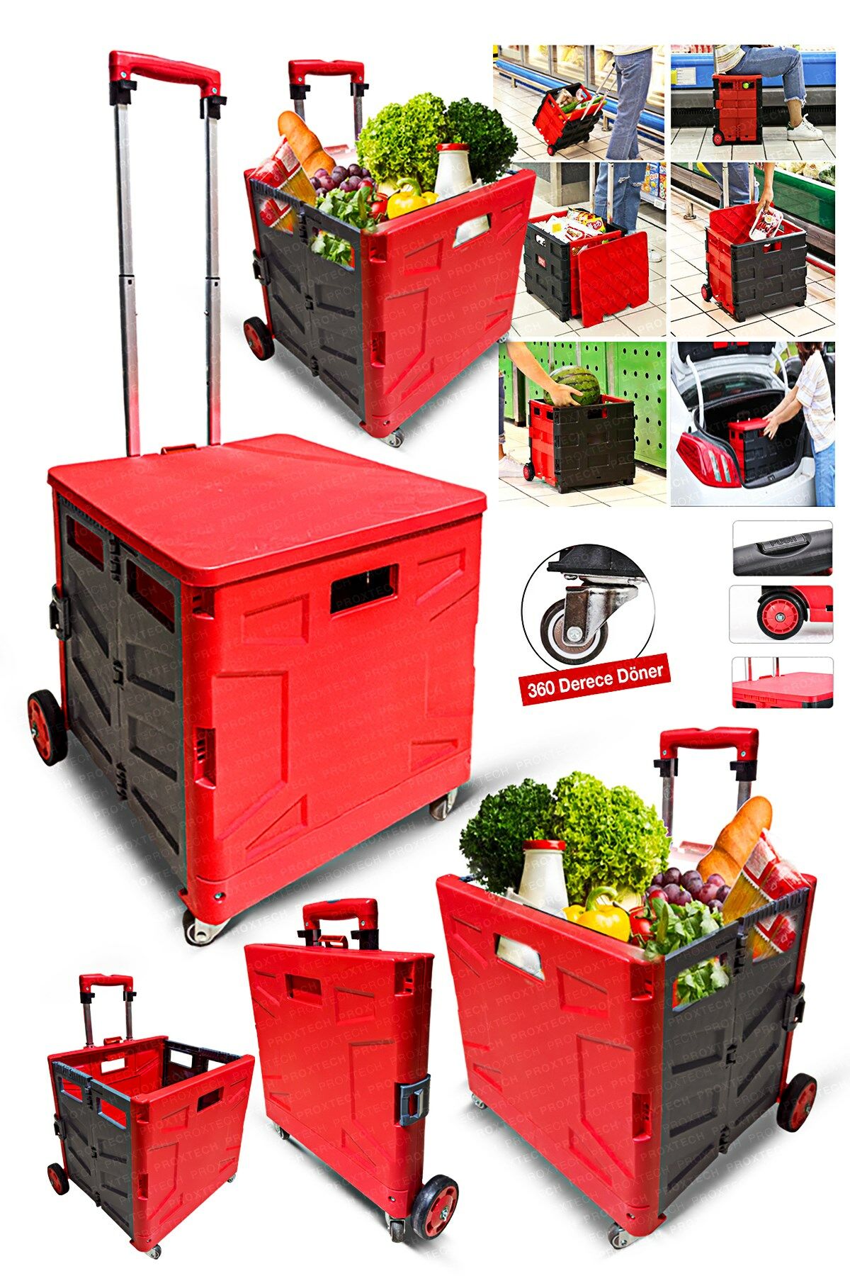 Yükseklik Ayarlı Katlanabilir Tekerlekli Avm Süpermarket Alışveriş Sepeti  Bagaj  Sandık Arabası