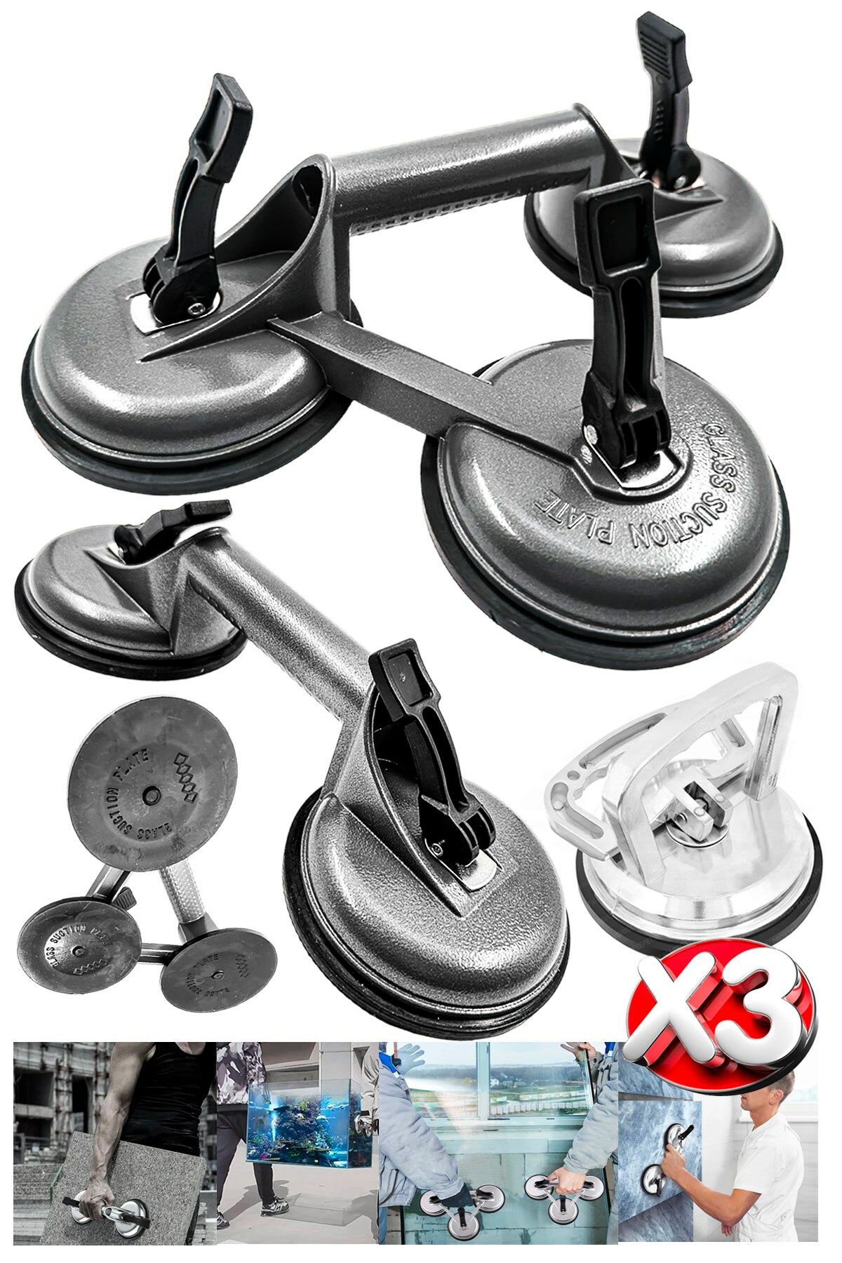 Premium Yüksek Kalite Cam Fayans Kaldırma Metal Alüminyum 3-2-1 3Lü Set Cam Fayans Taşıma Vantuz