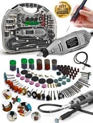 211PCS 450 Watt 6 Kademe Devir Ayarlı PVC Çantalı Hobi Gravür Seti Mini Taşlama  Esnek Şaft Hediye