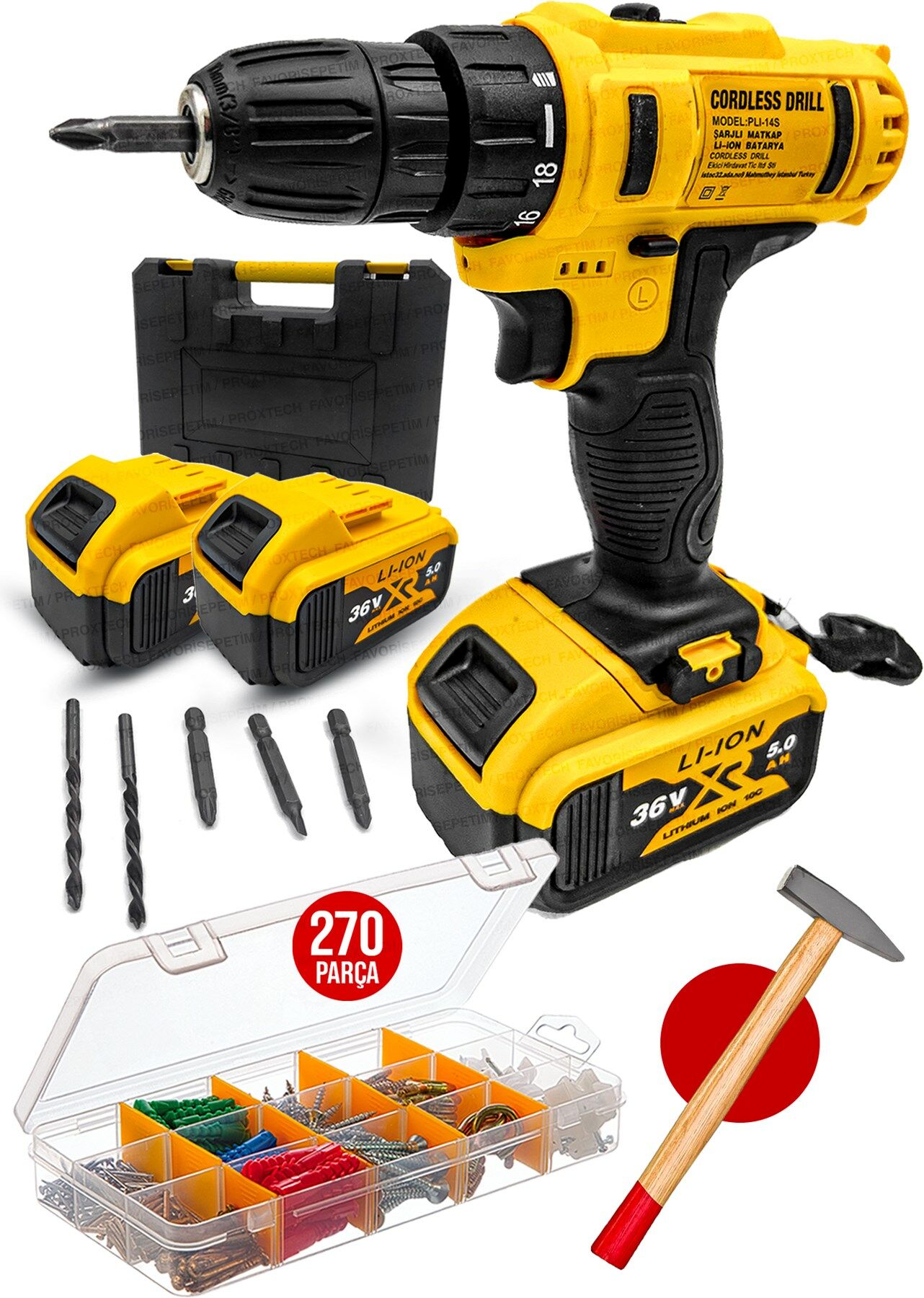 Profesyonel 275 PARÇA Çift Akülü Turbo  36V Tork Güçlendirilmiş Akülü Vidalama Matkap Vidalama Set