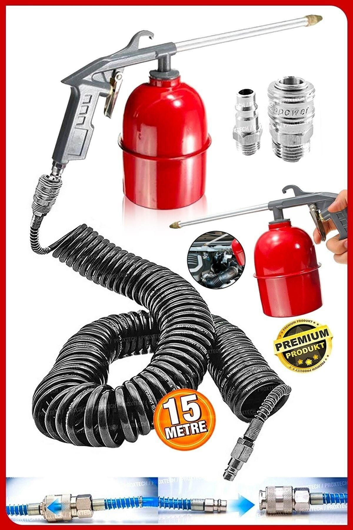 15 Metre Spiral Hortum Oto Araba MotorTemizleme Mazot Tabancası Solvent Püskürtücü  Jak Set