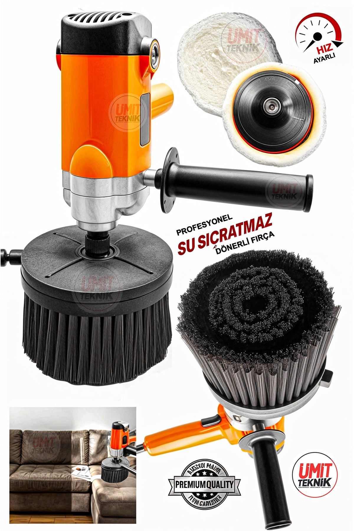 Otomatik Hız Ayarlı Dikey Pasta Cila Polisaj Makinesi Koltuk Halı Fırçalama, Su Sıçratmaz Fırça Set