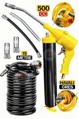 Büyük Boy 15 Metre Spral Hortum Büyük Boy Havalı Gres Yağ Tabancası 500cc Hortu Gres Ucu Takım Seti
