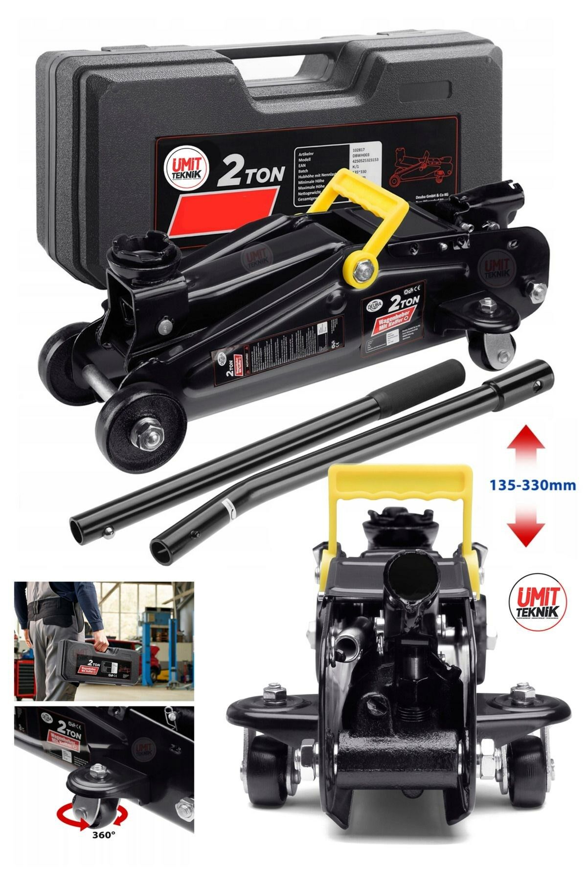 Premium 2 Ton Kapasiteli Tekerlekli Hidrolik Kriko Taşınabilir Tasarım, Plastik Taşıma Çantalı