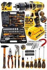 Profesyonel Premium Seri 80 Parça Pense Fortpense Yıldız Düz Cırcırlı 2x Akülü Matkap Set