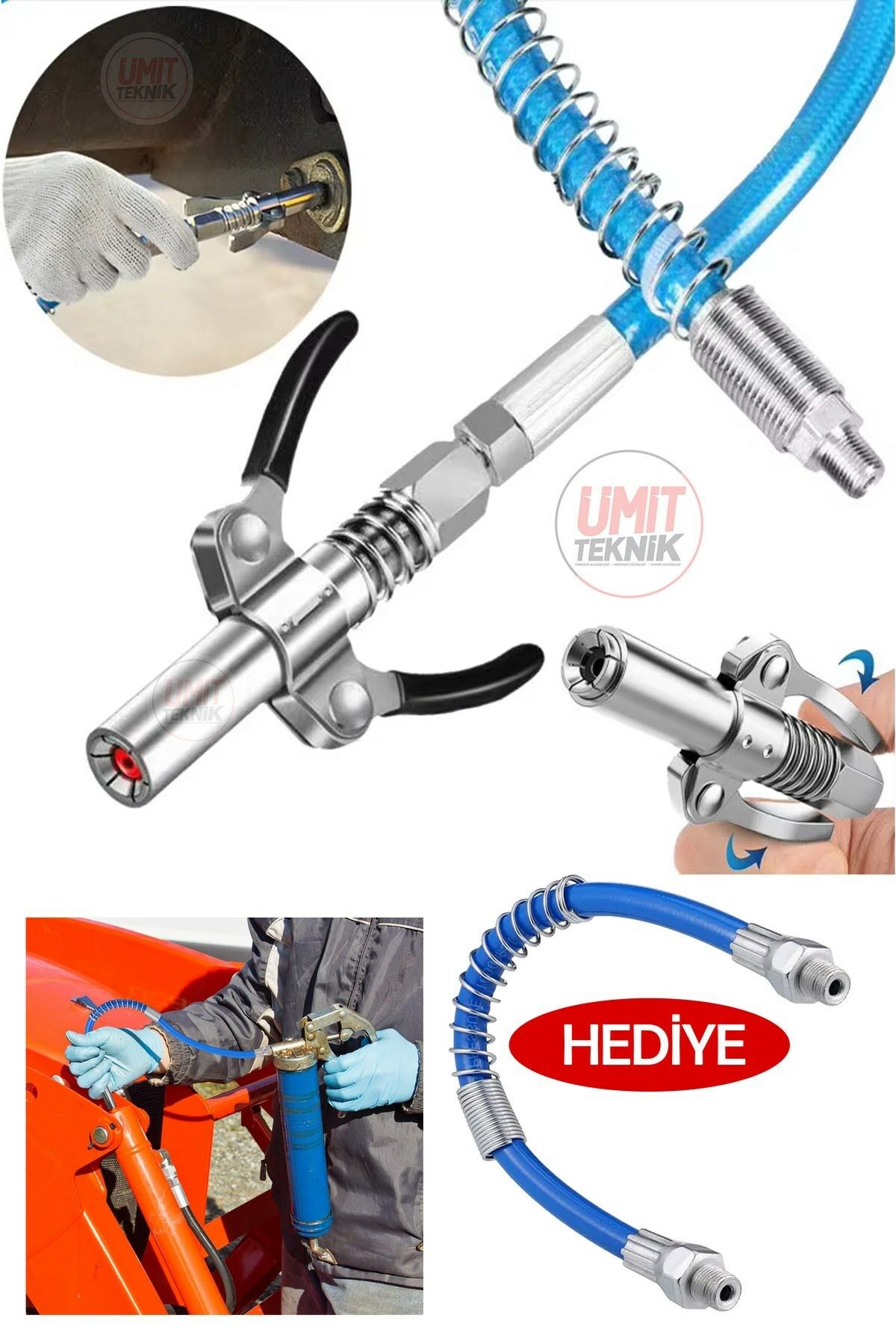 Profesyonel Çift Mandallı Hortumlu Şırınga Gres Tabancası Gres Pompa Ucu Takım