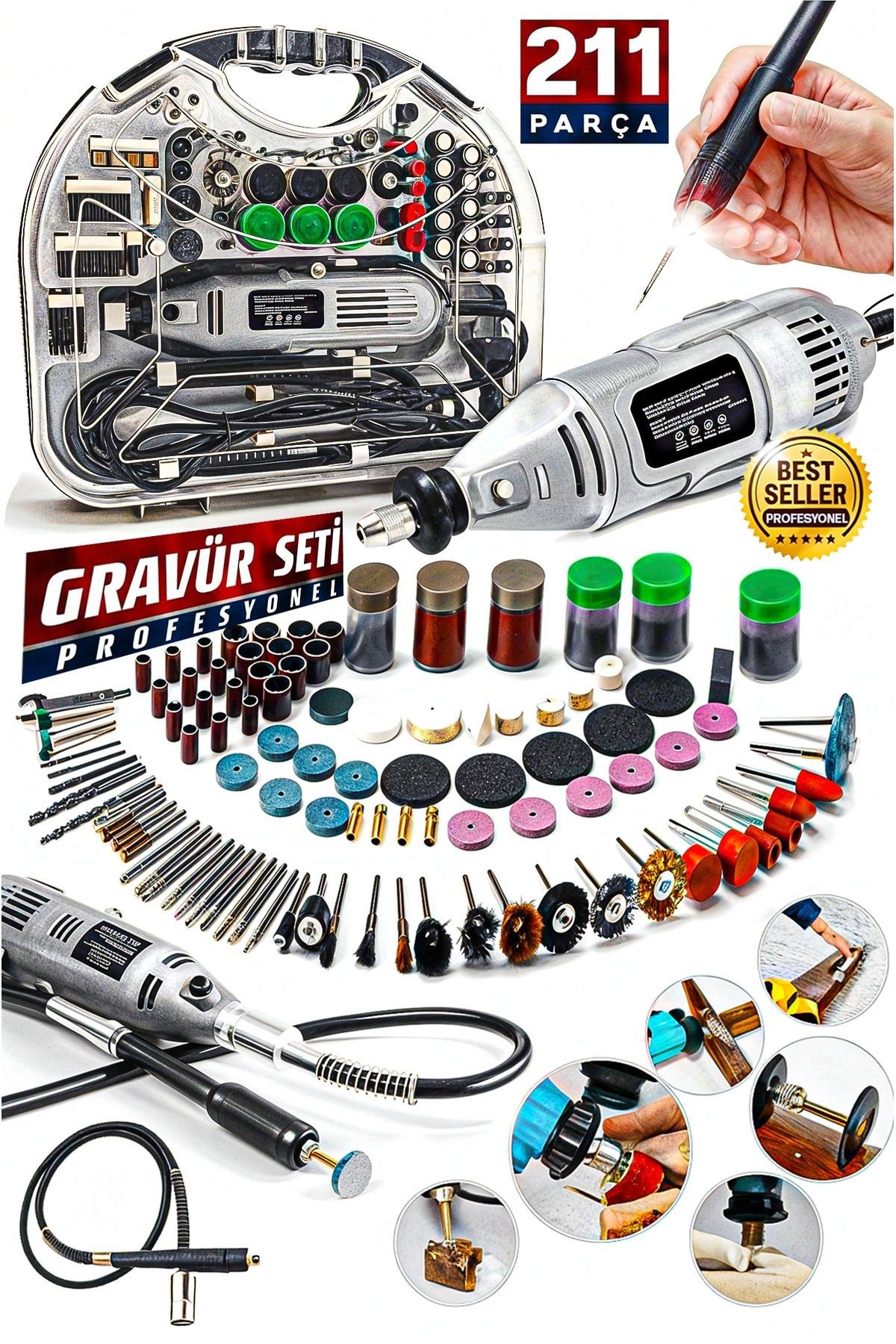 Pvc Çantalı Hobi Gravür Seti 211 Parça 6 Kademe Devir Ayarlı  Mini Taşlama Esnek Şaft Hediye