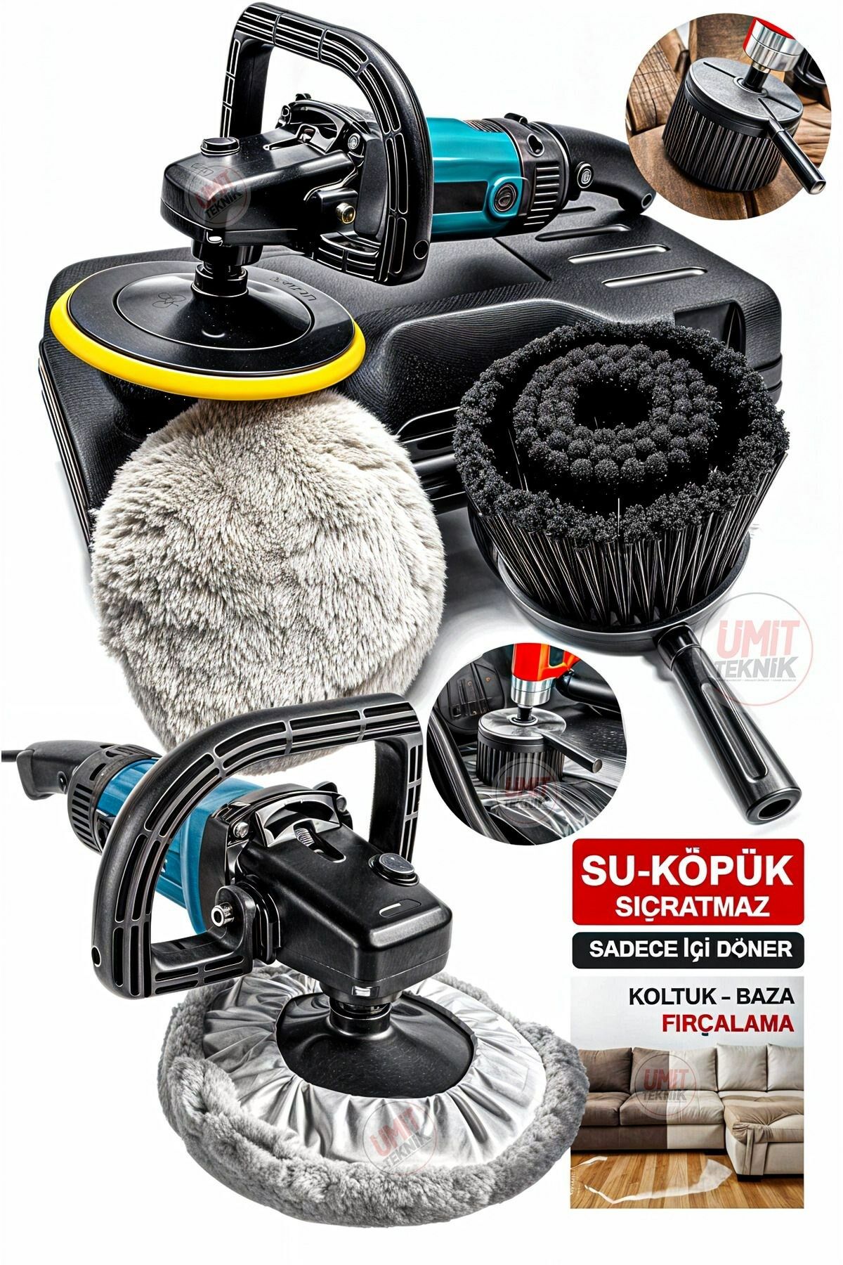 Pro 6 Kademeli Devir Ayarlı Su Sıçratmaz Fırça Koltuk Yıkama Pasta Cila Polisaj Makinesi Fırça Takım