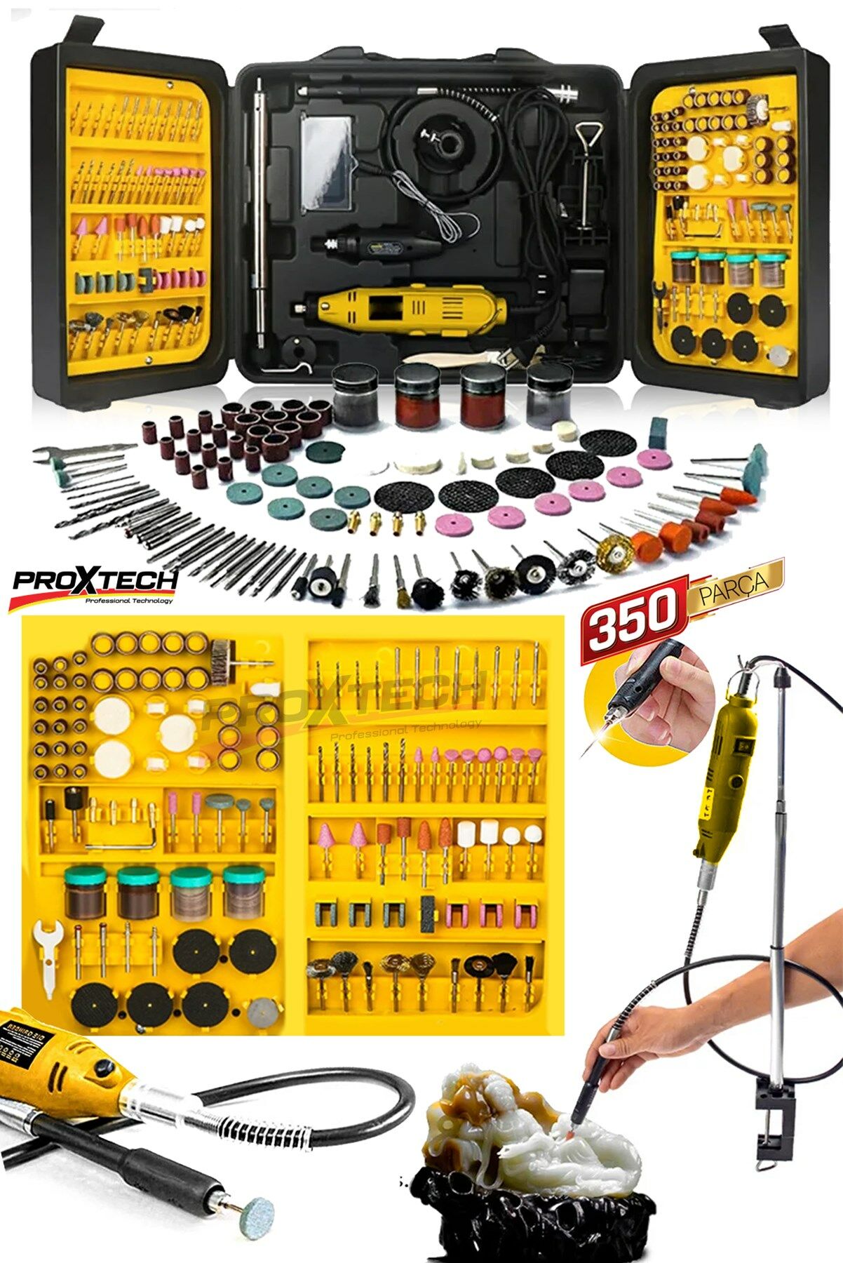 Profesyonel Standartlarda İşçilik 350PCS Çift Makineli Gravür Oyma Dremel Taşlama Zımpara Kesme Seti