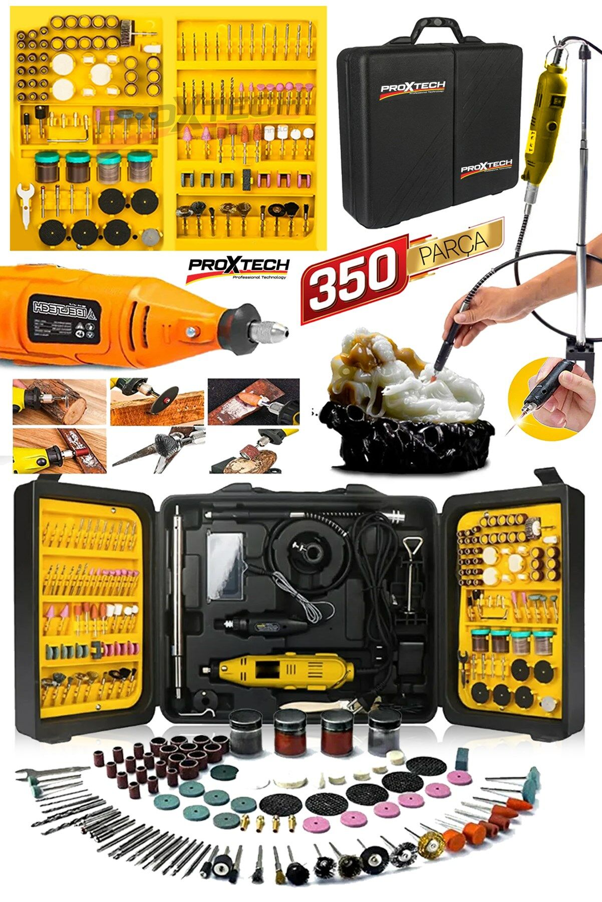 Tam Teçhizatlı ve Çok Yönlü 350 Parça Çift Makineli Gravür Oyma Dremel Taşlama Zımpara Kesme Seti