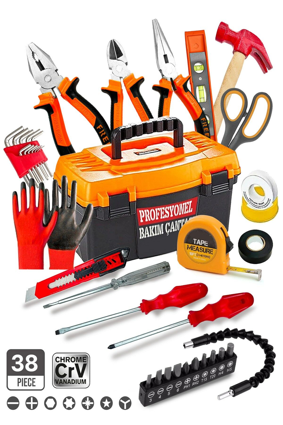 Premium 38 Pcs Full Takım Kargaburun,Pense,3 Metre,Çekiç,Yıldız,Düz,Tornavida,Eldiven Tamir Set