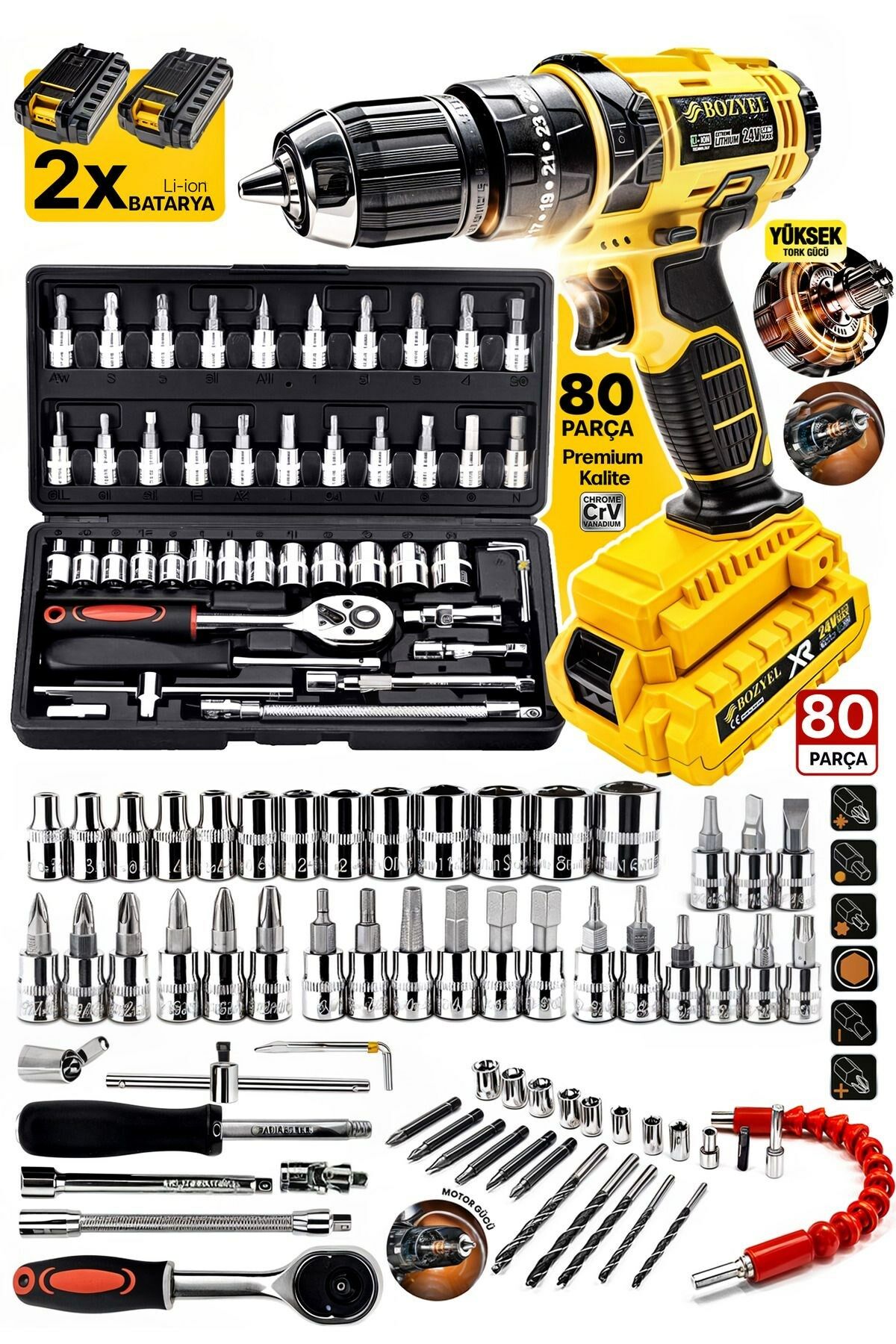 Premium 70 Parça Mini Lokma Takımı Otomatik Cırcırlı 1/4'' Yüksek Toks  Turbo Matkap Vidalama Takım