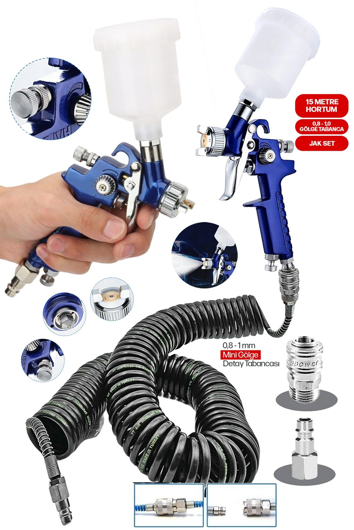 Üstten Depolu Metal Paslanmaz Profesyonel Detay Gölge Tabancası 150 Cc / 0,8 Mm 15mt Hortum  jak Kit