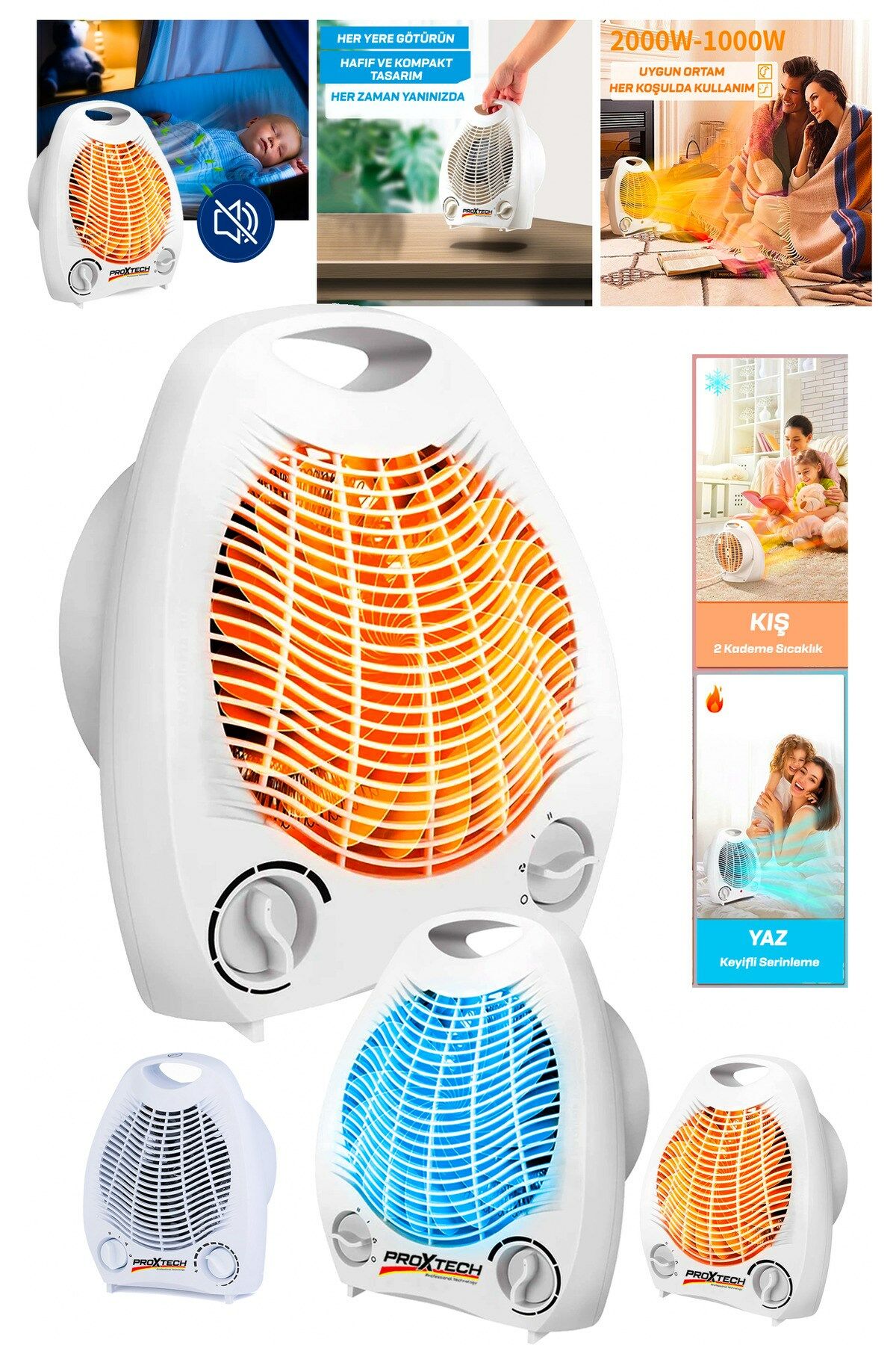 Premium 3 Kademeli Mobil Sessiz Devrilme Sensörlü 2000 Watt Elektrikli Fanlı Isıtıcı-soğutucu