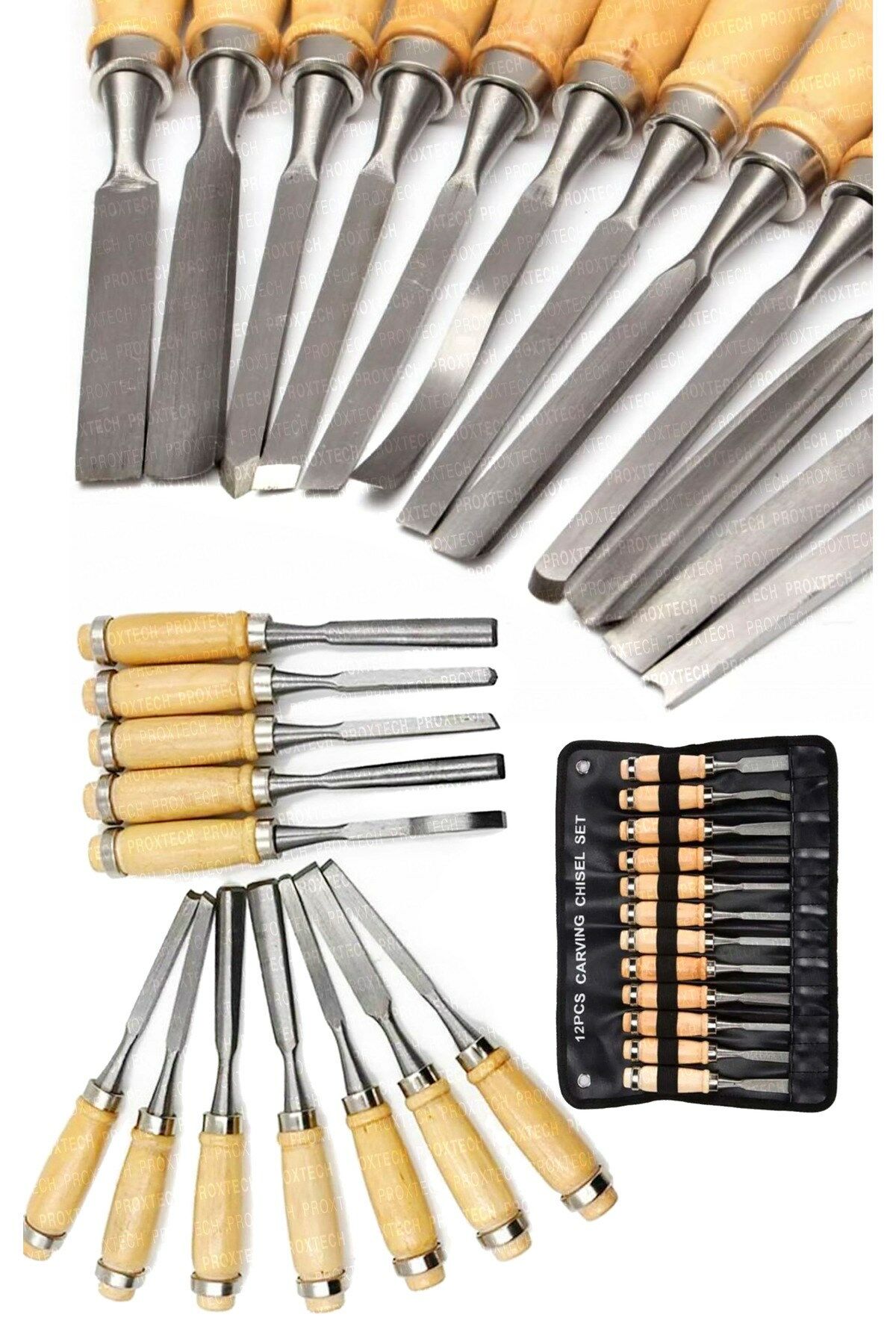 Premium Serisi 12 Parça Profesyonel Iskarpela Ahşap Saplı Oyma Seti Özel Çantalı Combo Set